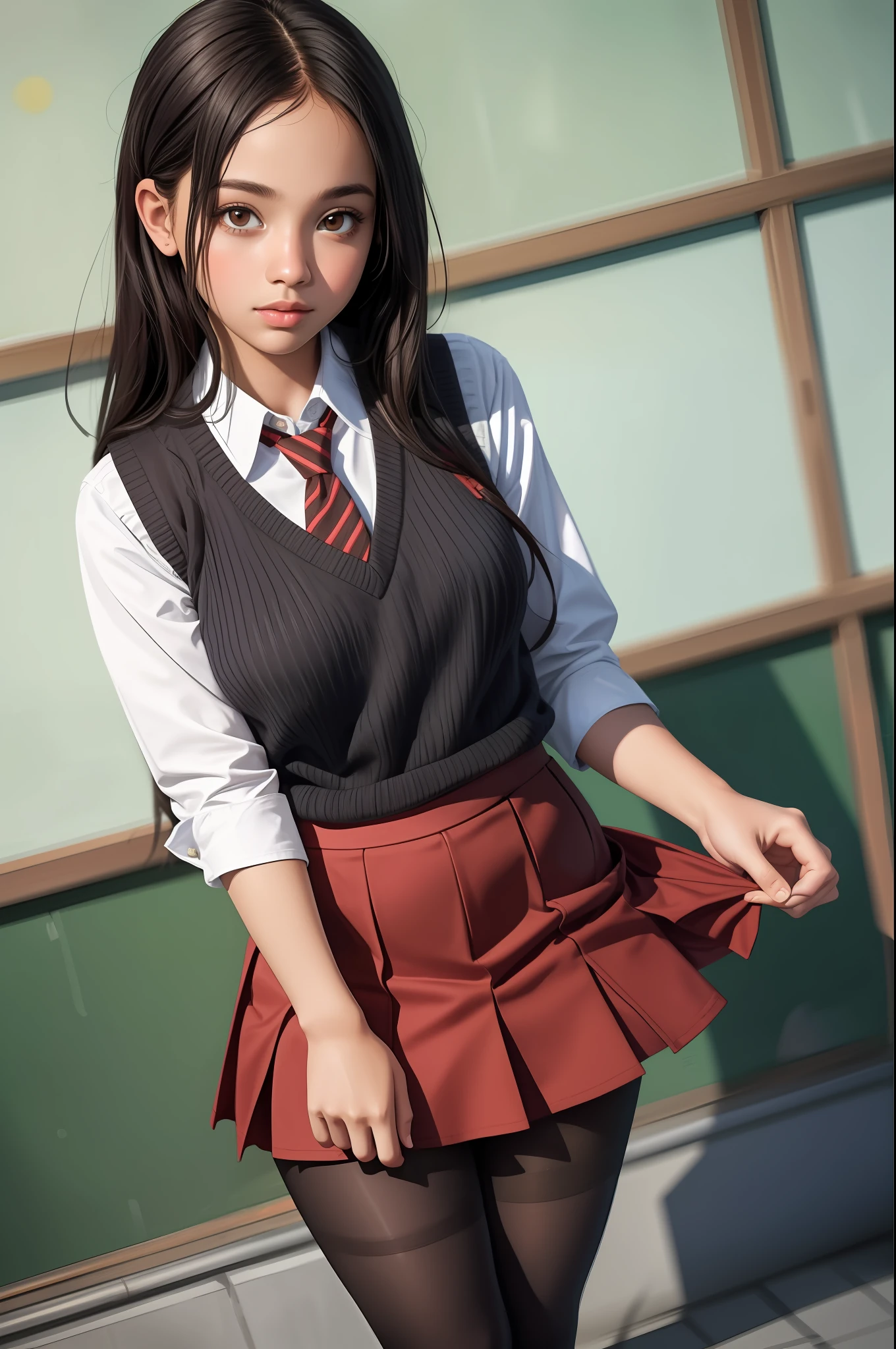 professional photo of gdkatschool, ugly person, dark-skinned woman, school uniform, sweater vest, red skirt, pantyhose, brown eyes, black hair,
volumetric light, highrez, masterpiece, best quality,