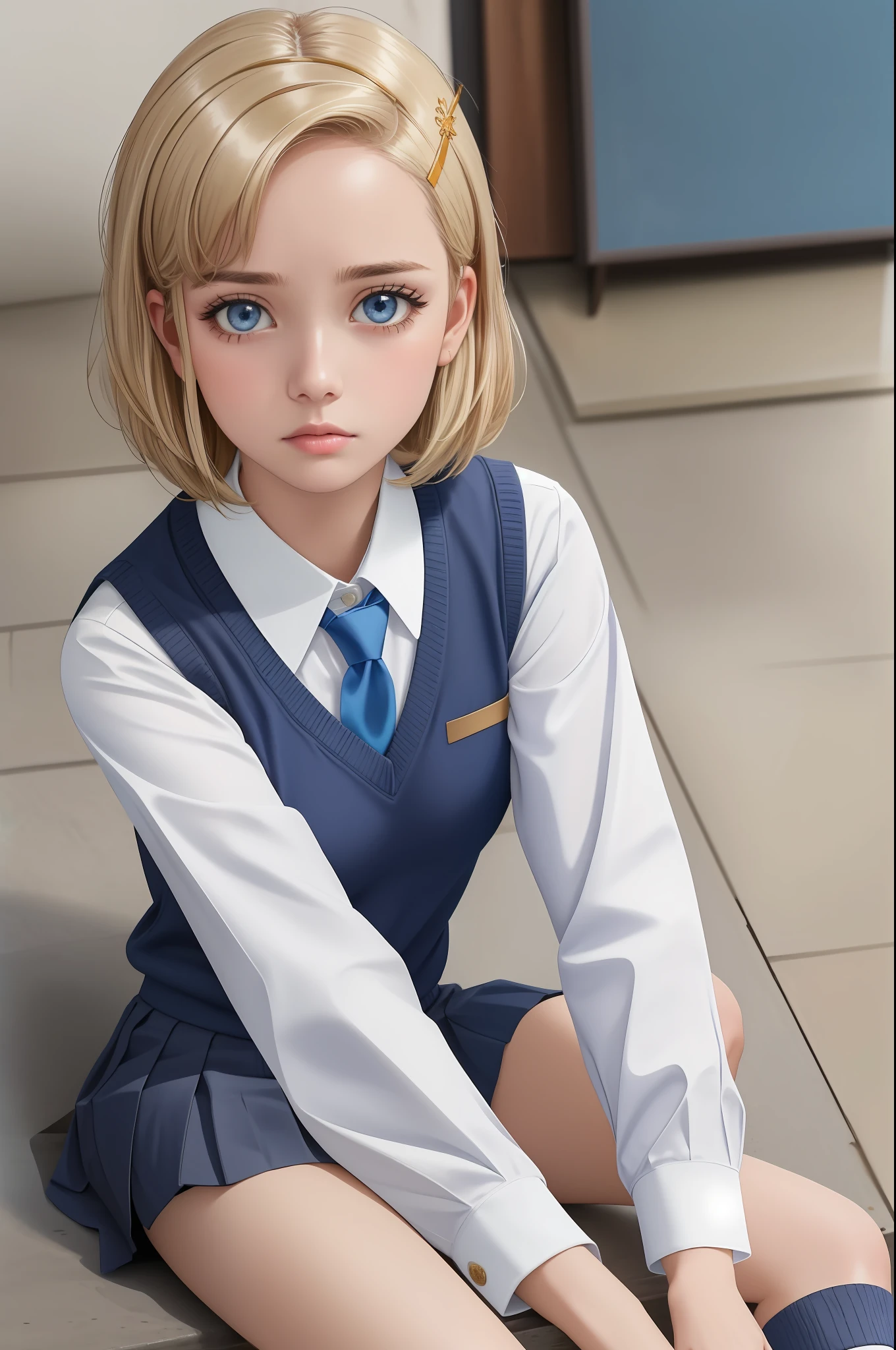 professional photo of angolmois, 1girl, solo, looking at viewer, sad look, skirt, hair ornament, school uniform, tie, socks, hair clip, sweater vest,
detailed skin, detailed eyes, detailed face, shimmering blue eyes,
volumetric light, highrez, masterpiece, best quality,