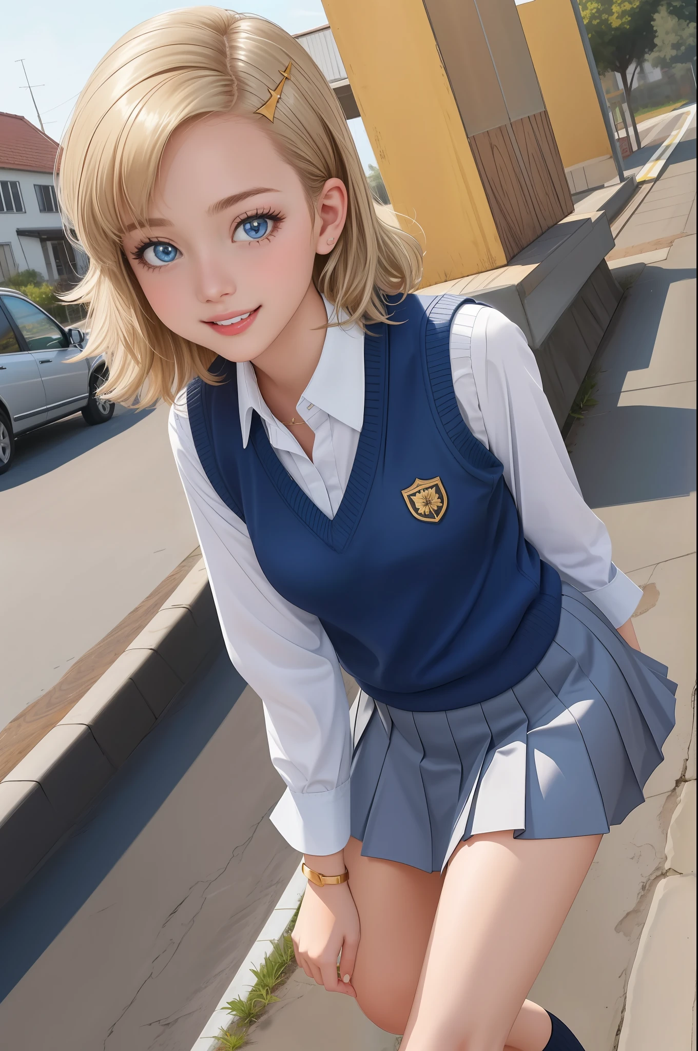 professional photo of angolmois, 1girl, solo, looking at viewer, cheerful look, skirt, hair ornament, school uniform, tie, socks, hair clip, sweater vest, detailed skin, detailed eyes, detailed face, sparkling blue eyes, volumetric light, highrez, masterpiece, best quality,