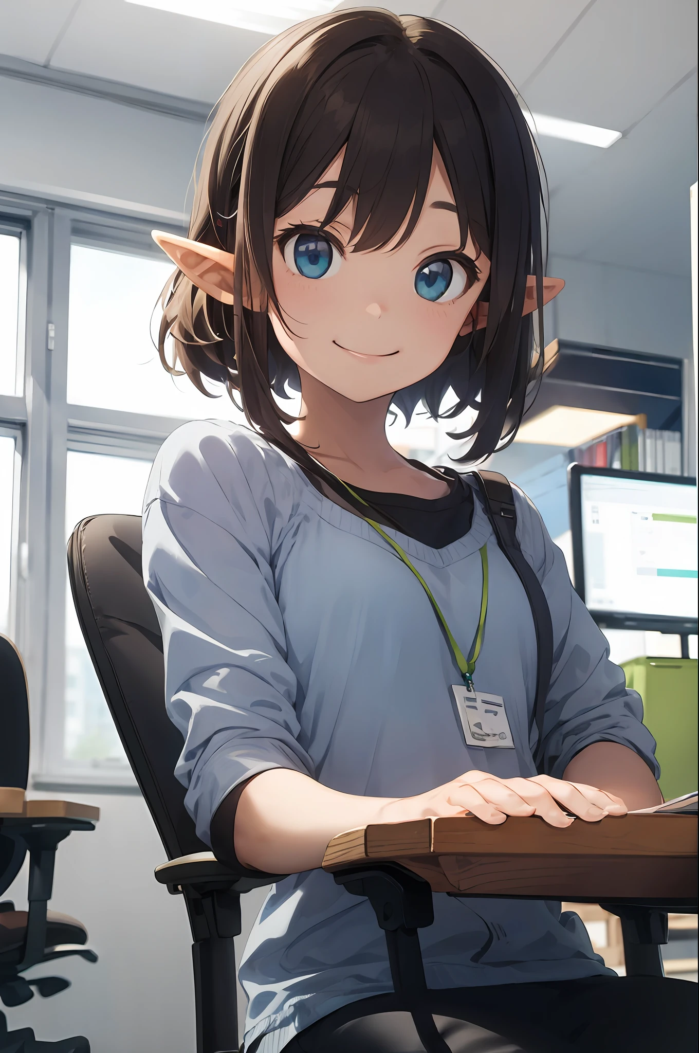 ((Elf OL sitting in office chair)), smile, from below, upper body