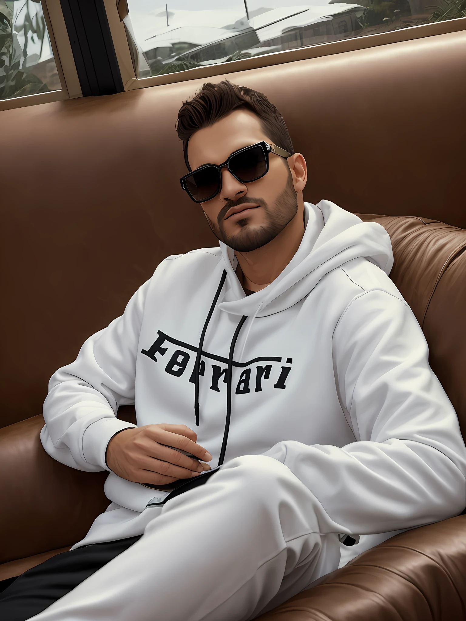 Man in white sweatshirt and black pants sitting on a brown leather sofa, Raphael Personnaz, Taras Susak, Daniel Mirante, wearing sunglasses Versace, Federico Pelat, Vitaly Bulgarov, Roberto Benardi, Alexandre Ferra, Gui Guimarães, inspired by Ivan Lacković Croatian, Christian Dimitrov, Esteban Maroto futirista