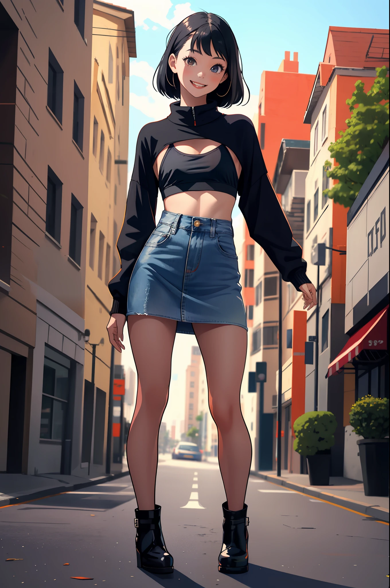 masterpiece, Top Quality, Absurdity, Perfect Anatomy, One Girl, Solo, Shrug \(clothing\), Long sleeve, Miniskirt, Standing, City, Outdoors, Cowboy shot, Smile, Black hair