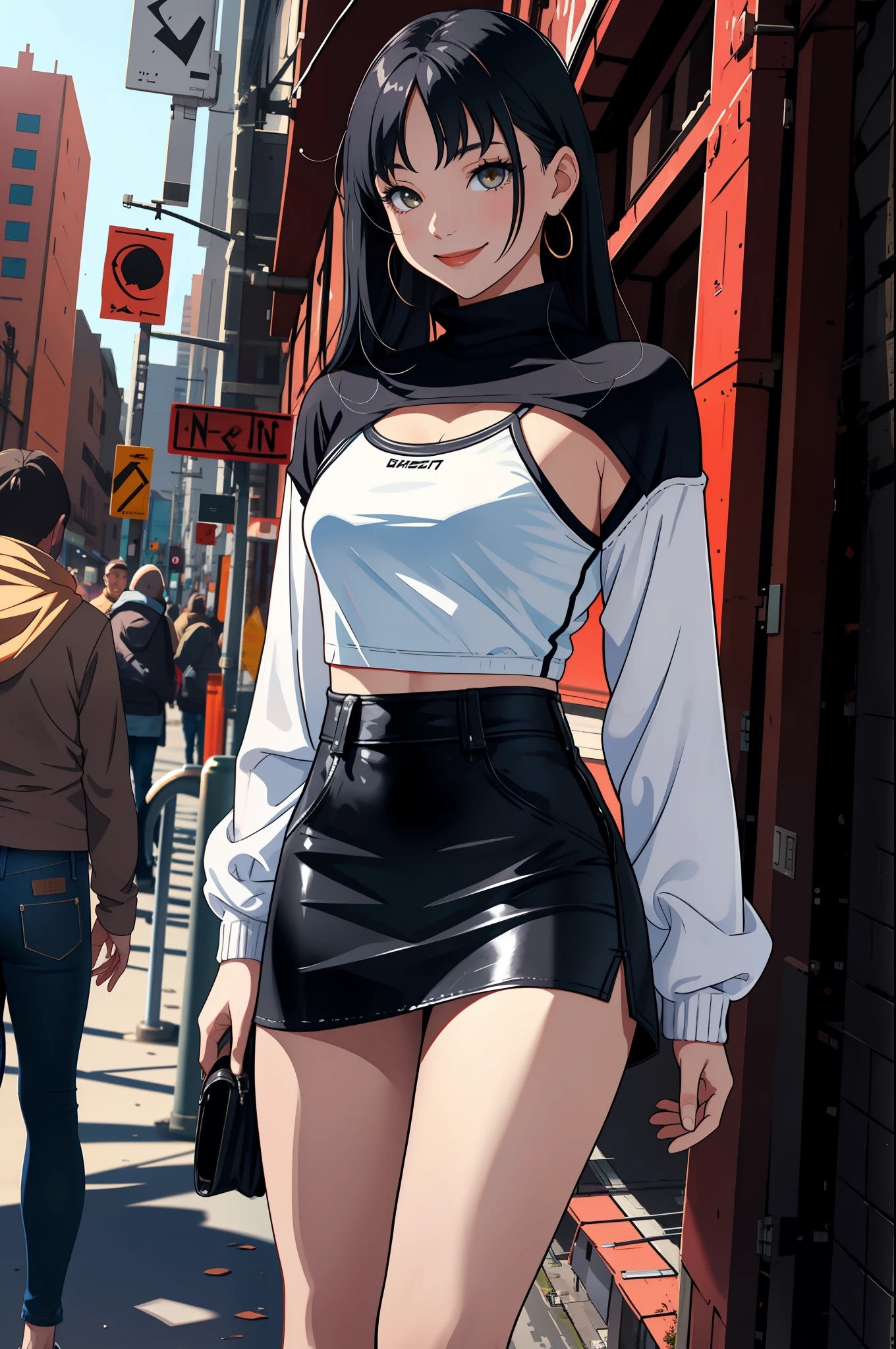 masterpiece, Top Quality, Absurdity, Perfect Anatomy, One Girl, Solo, Shrug \(clothing\), Long sleeve, Miniskirt, Standing, City, Outdoors, Cowboy shot, Smile, Black hair