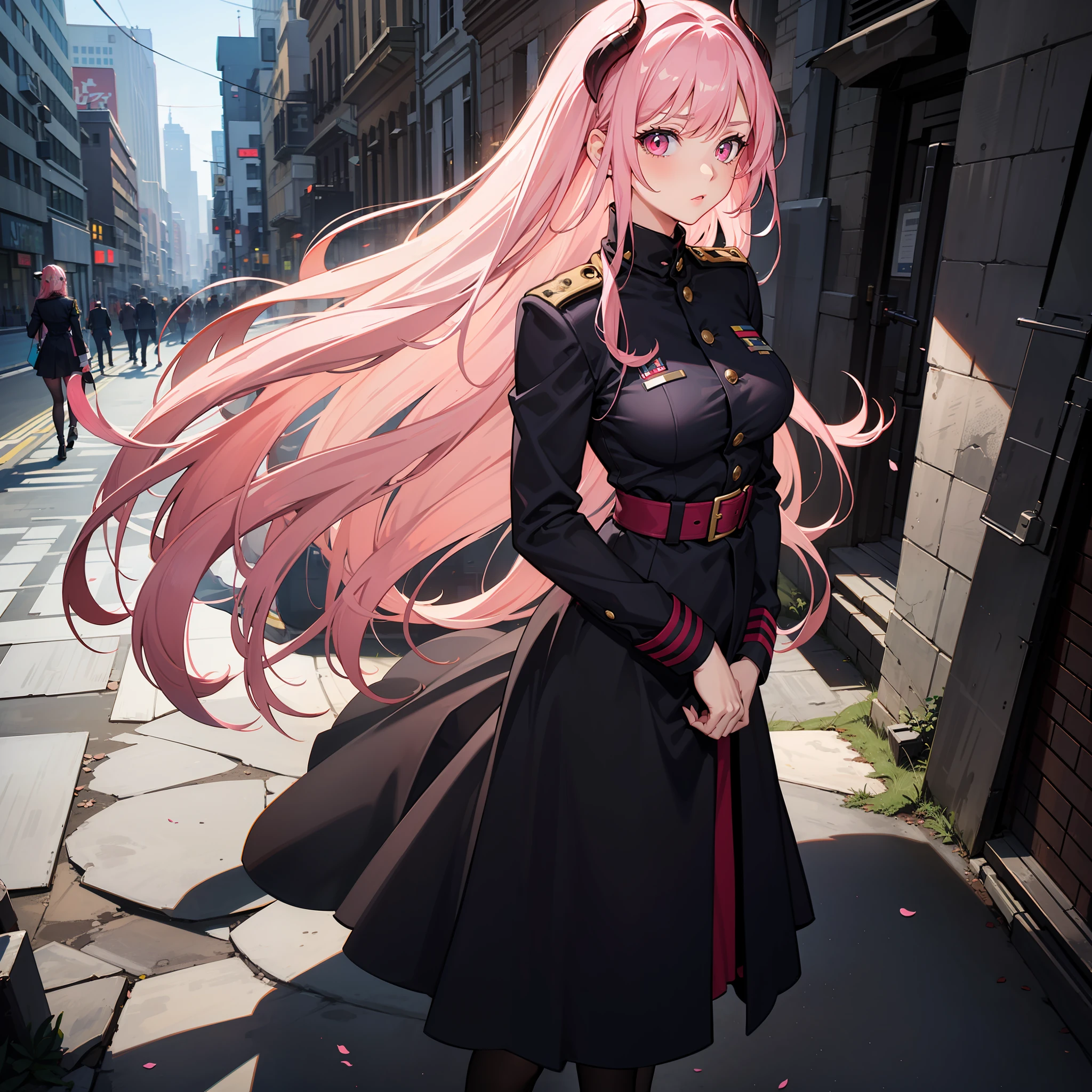 A woman, succubus, dressed in military uniform, in an empty and destroyed city, long pink hair, pink eyes