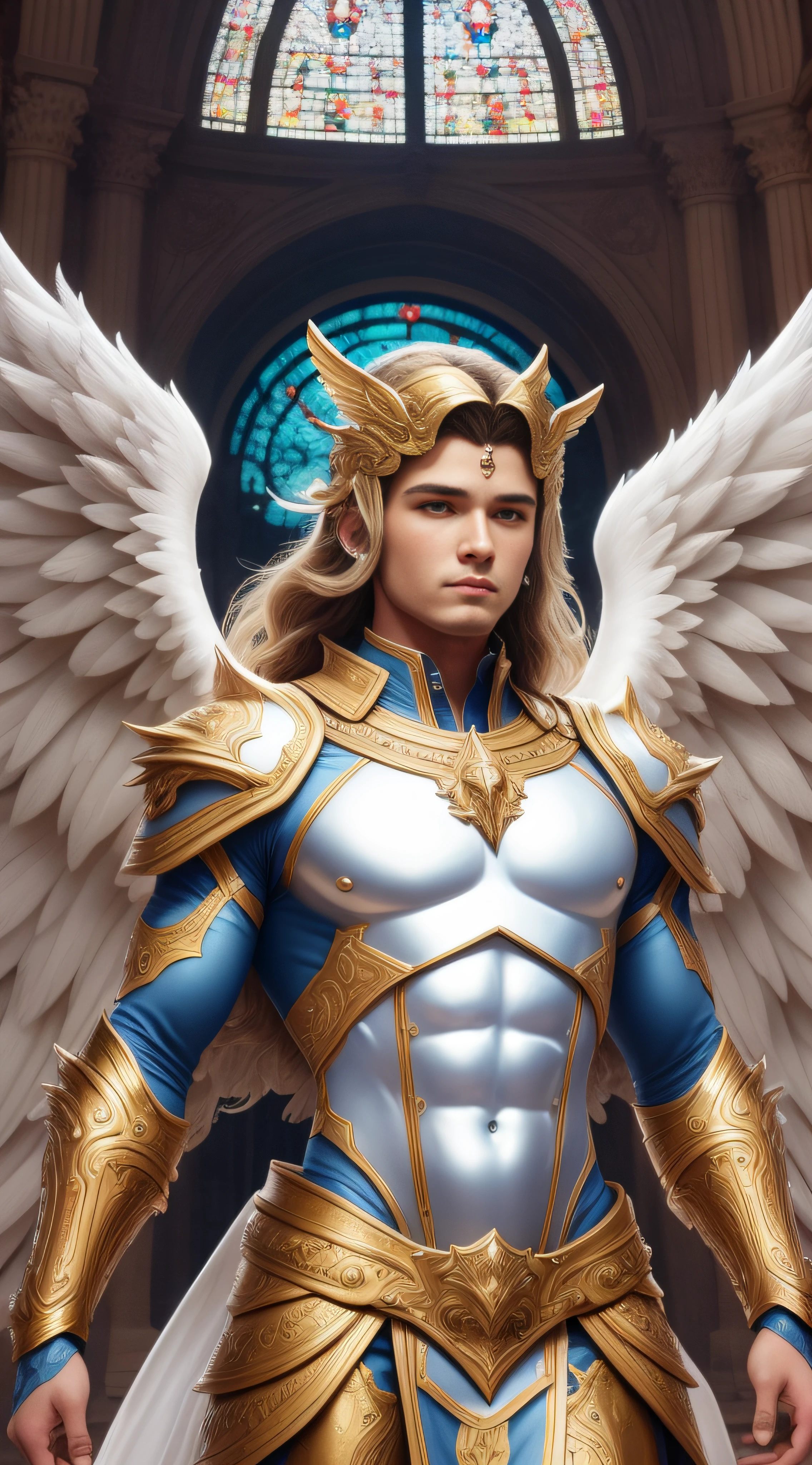 Cherubin angels with multiple wings and a majestic appearance Male androgen with white armor and blue details