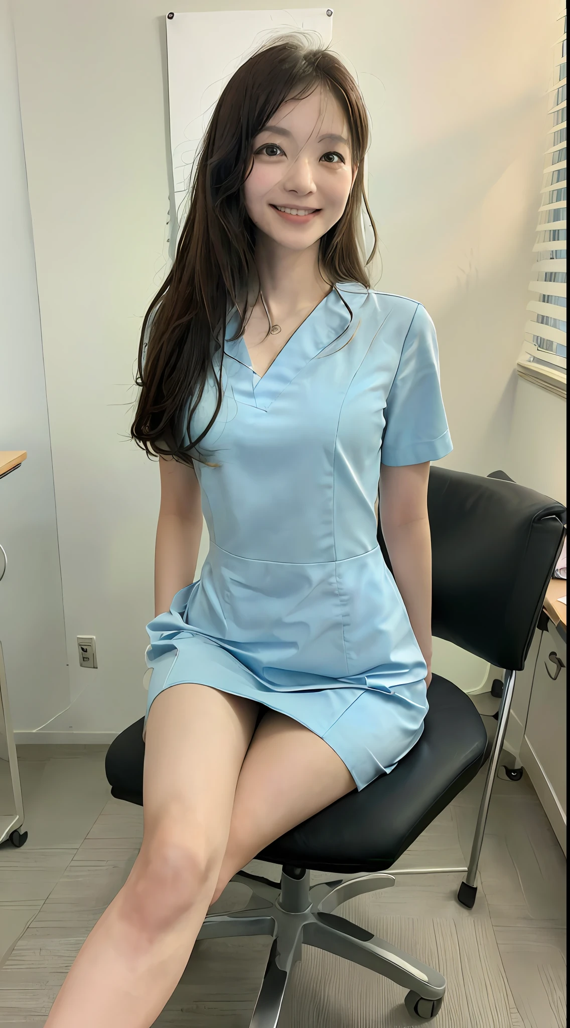 ((Best Quality, 8K, Masterpiece: 1.3)), 1 woman, Japan female, 45 years old, (((Ophthalmologist)), (Detailed ophthalmology examination room)), (((During examination)), Model figure, Floating hair Novafrog style, (((realistic and detailed skin feeling)), (Gentle smile)), (sitting in an office chair)), (((Legs crossed)), Looking Front, ((Office clothes)),
