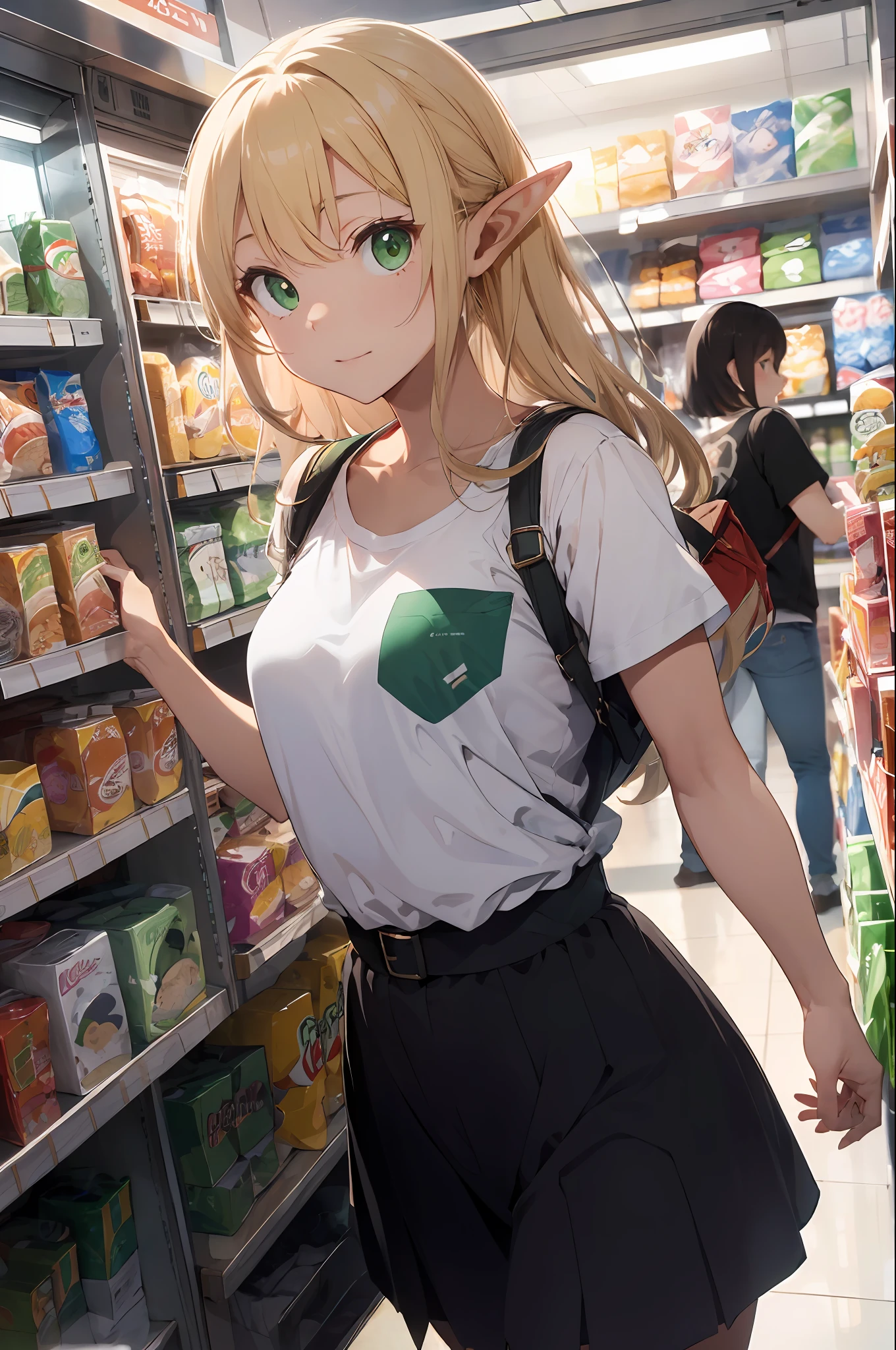 ((Elf OL)), ((Luminescent blonde long straight)), green eyes, entering a convenience store