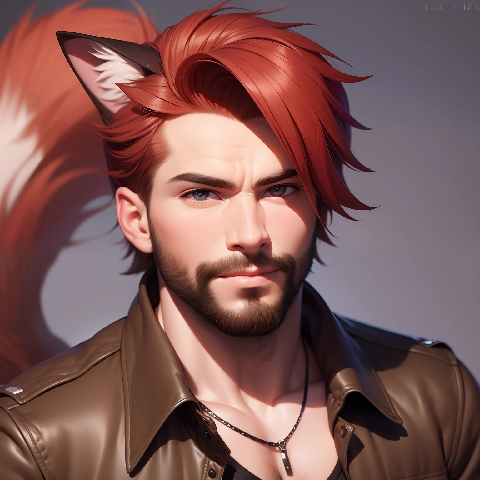 Create an image of a man who appears to be around 36 years old. He has fiery red hair and caramel-colored eyes. He has a light stubble beard and possesses fox-like features, including a bushy tail and pointy ears. He has a punk-inspired fashion sense and wears worn-out clothes, giving him a serious appearance. Capture his edgy style and the mix of human and fox characteristics in his overall look.