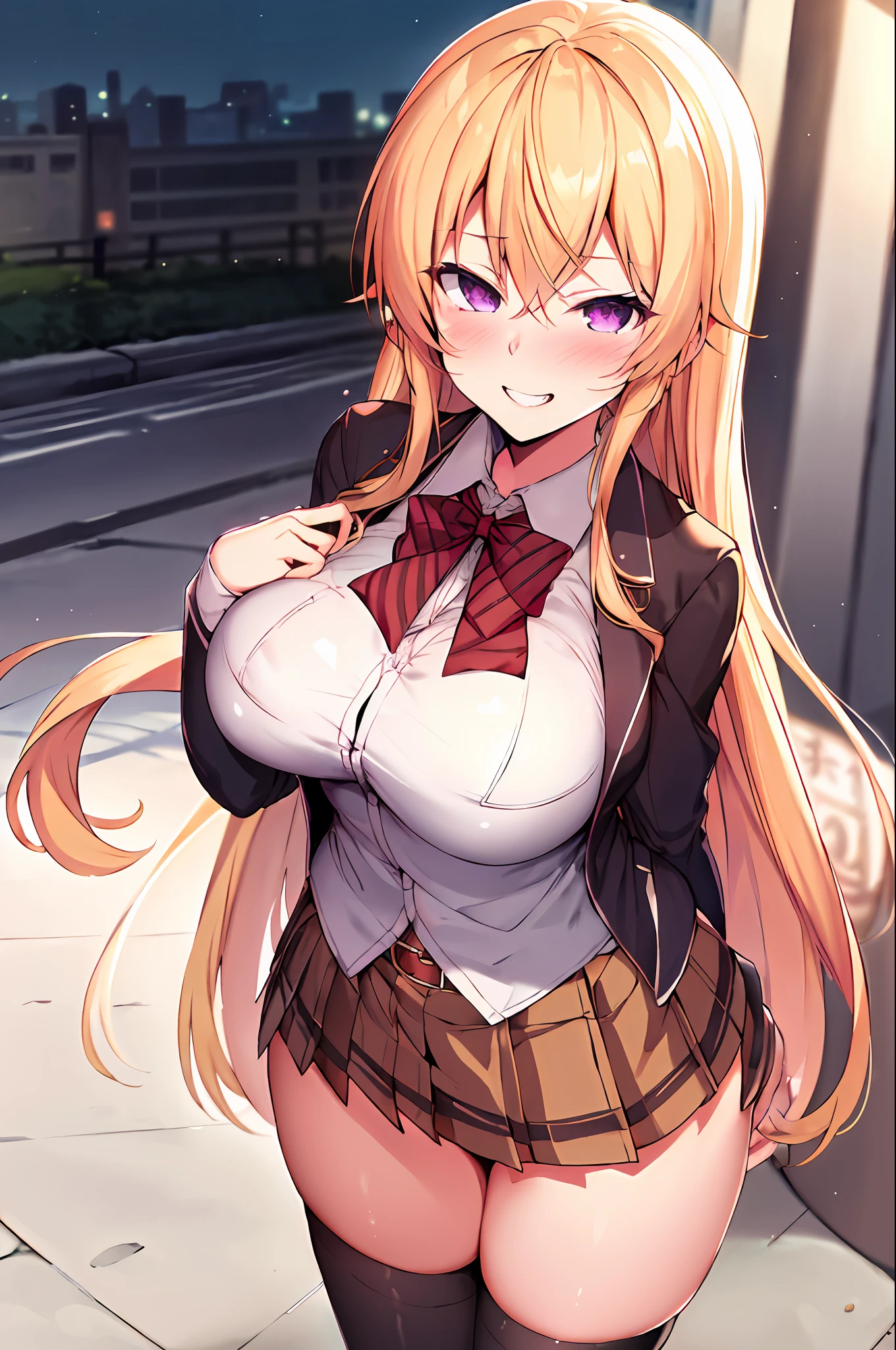 masterpiece, best quality, highres, nakiri erina, blonde hair, purple eyes, long hair, large breasts, blazer uniform, stocking, cleveage, belt, pleated mini skirt, cowboy shot, standing, looking at viewer, city road, outdoor, modern city road, blush, shy, smile, show teeth, sexy pose,