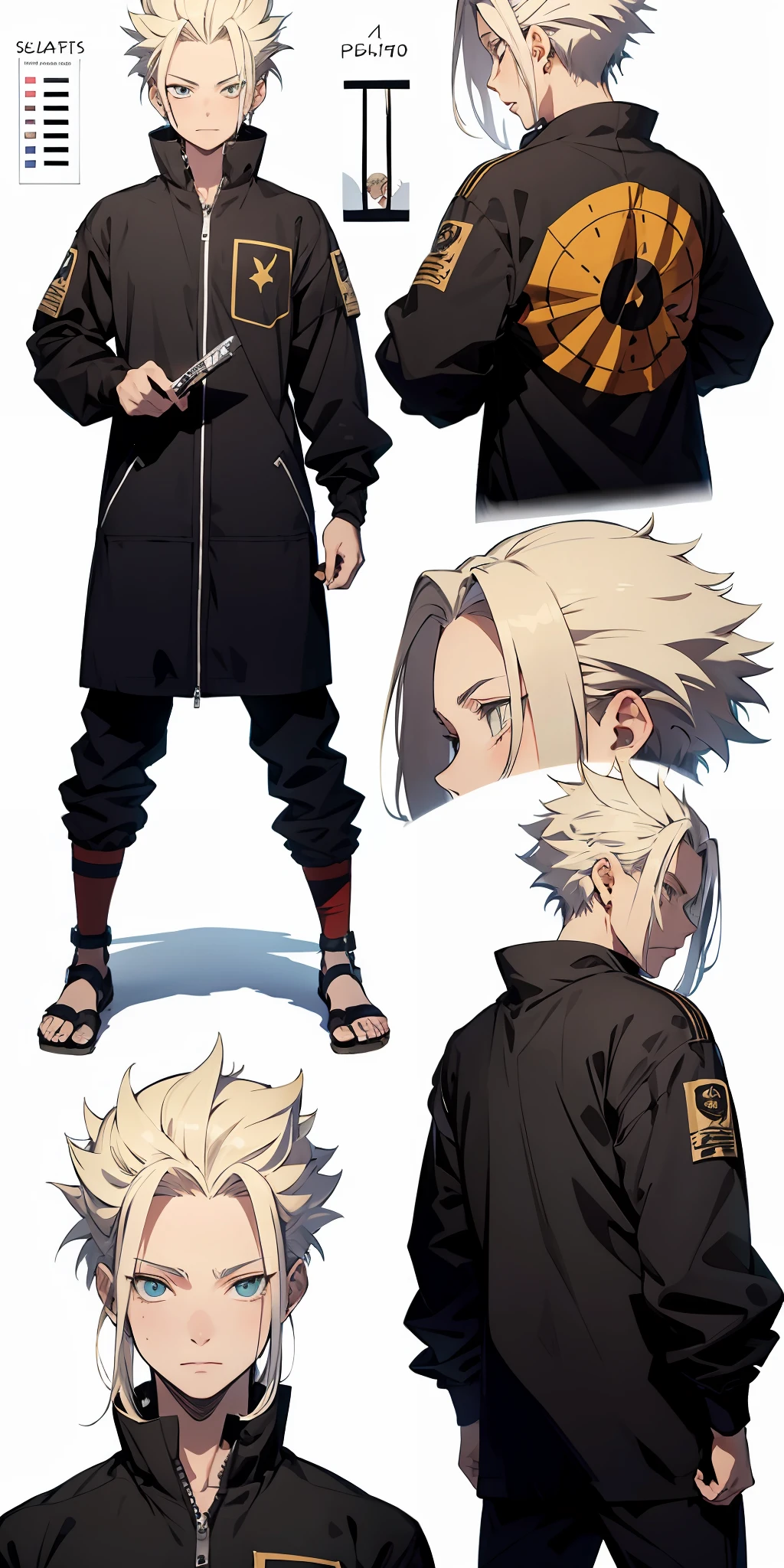 absurd resolution, high resolution, (masterpiece: 4.1), ultra-detailed, (character sheet) boy fusion of saitama, Naruto and Jiraya, just face front, side and back.