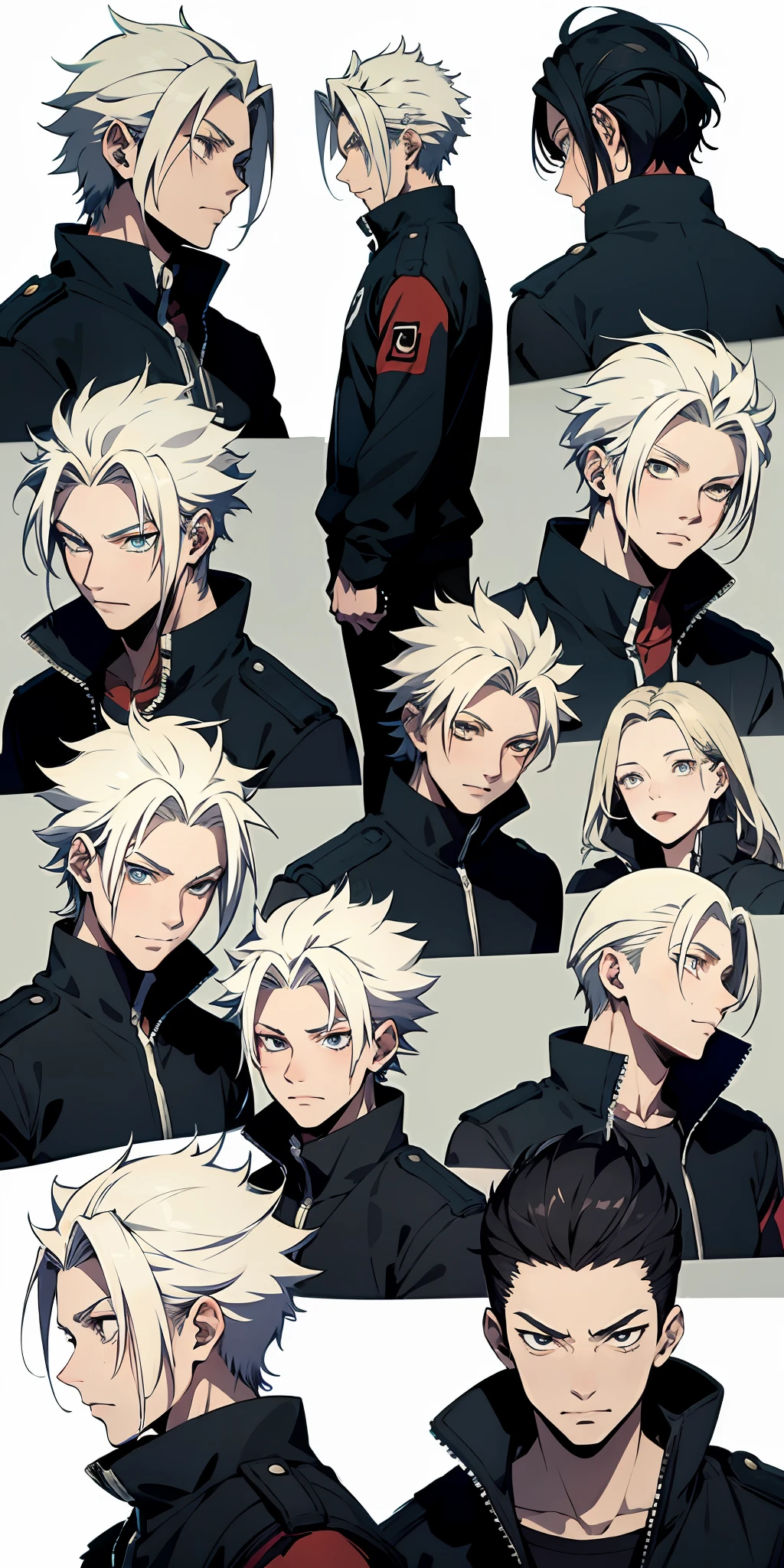 absurd resolution, high resolution, (masterpiece: 4.1), ultra-detailed, (character sheet) boy fusion of saitama, Naruto and Jiraya, just face front, side and back.