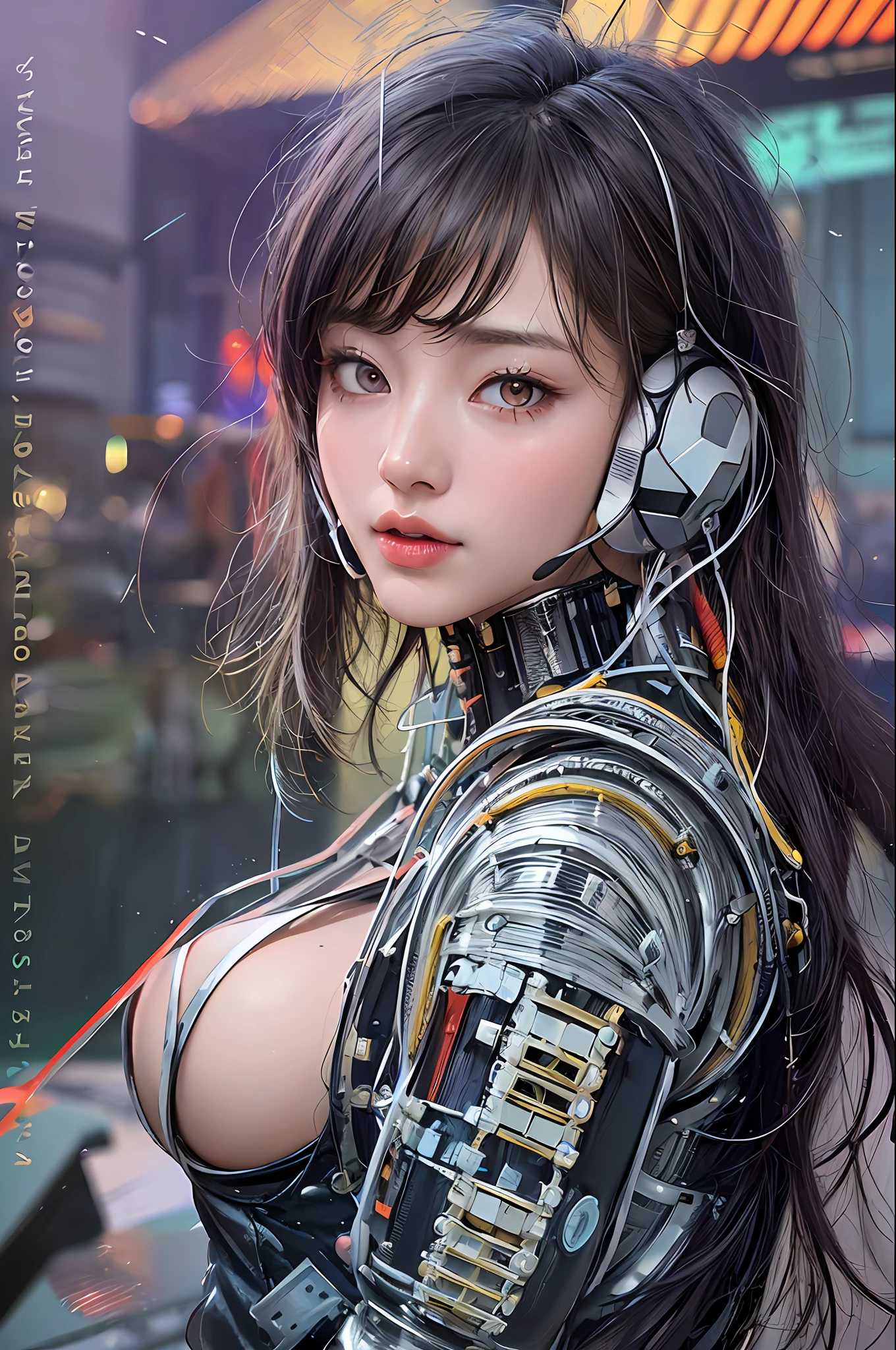 Top quality, masterpiece, ultra high resolution, (photorealistic: 1.4), raw photo, futuristic town perspective, futuristic skyscrapers, futuristic street corner, one girl, black hair, shiny skin, 1 Gundam girl, (((ultra-realistic details)), Sydmide style mecha design, portrait, global illumination, shadows, octane rendering, 8K, Ultra sharp, big, cleavage exposed raw skin, metal, intricate ornament details, headset, hydraulic cylinder, very intricate details, realistic light, CGSoation trend, purple eyes, glowing eyes, facing the camera, neon details, mechanical limbs, blood vessels connected to tubes, mechanical vertebrae attached to the back, mechanical cervical attachment to the neck, sitting, wires and cables connecting to the head, Gundam suit, cyberpunk, small LED lamps,
