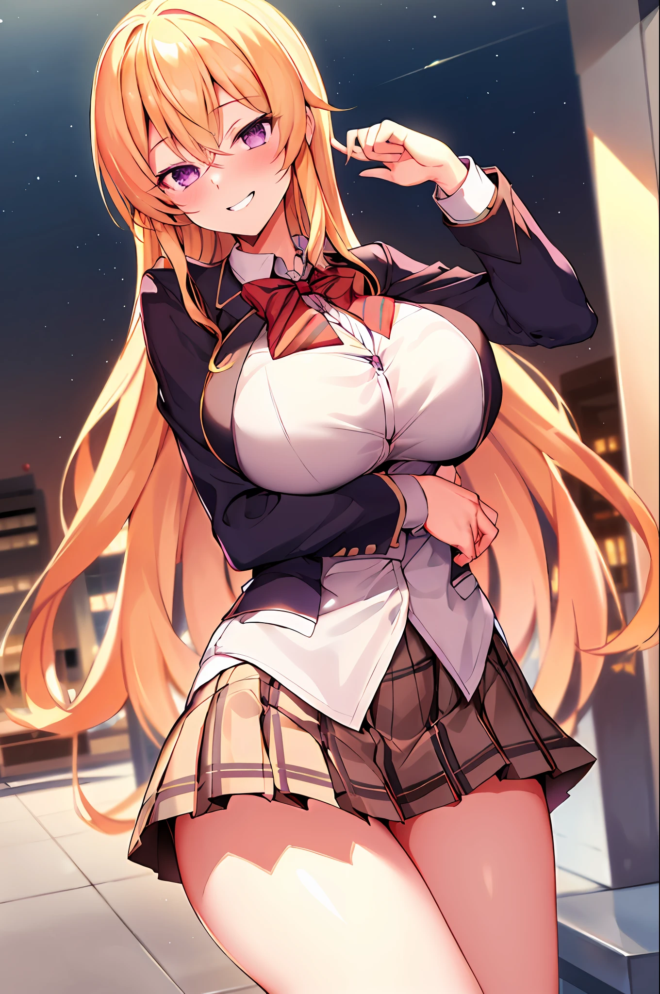 masterpiece, best quality, highres, nakiri erina, blonde hair, purple eyes, long hair, large breasts, blazer uniform, stocking, cleveage, belt, pleated mini skirt, cowboy shot, standing, looking at viewer, city road, outdoor, modern city road, blush, shy, smile, show teeth, sexy pose,