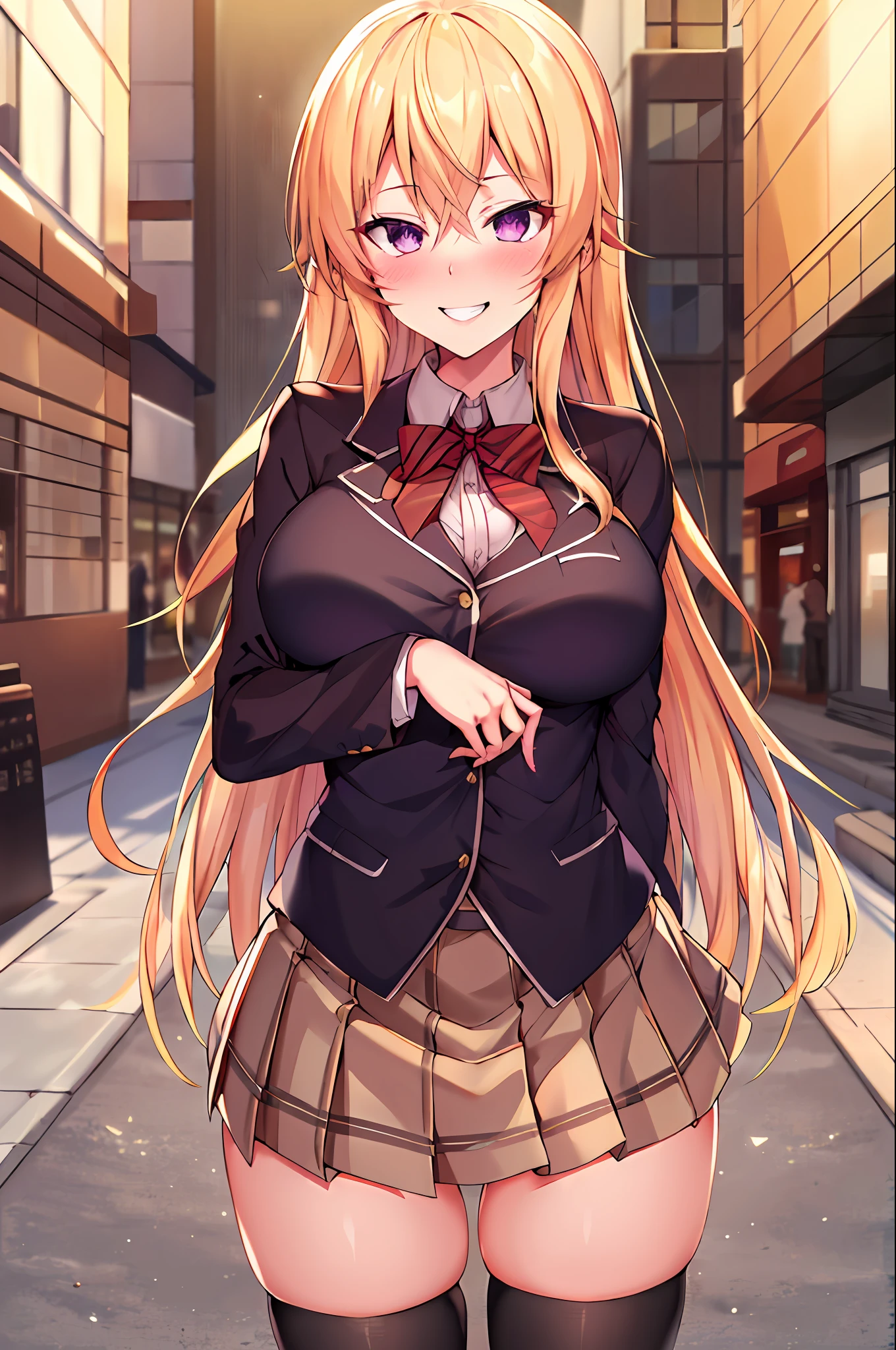 masterpiece, best quality, highres, nakiri erina, blonde hair, purple eyes, long hair, large breasts, blazer uniform, stocking, cleveage, belt, pleated mini skirt, cowboy shot, standing, looking at viewer, city road, outdoor, modern city road, blush, shy, smile, show teeth, sexy pose,