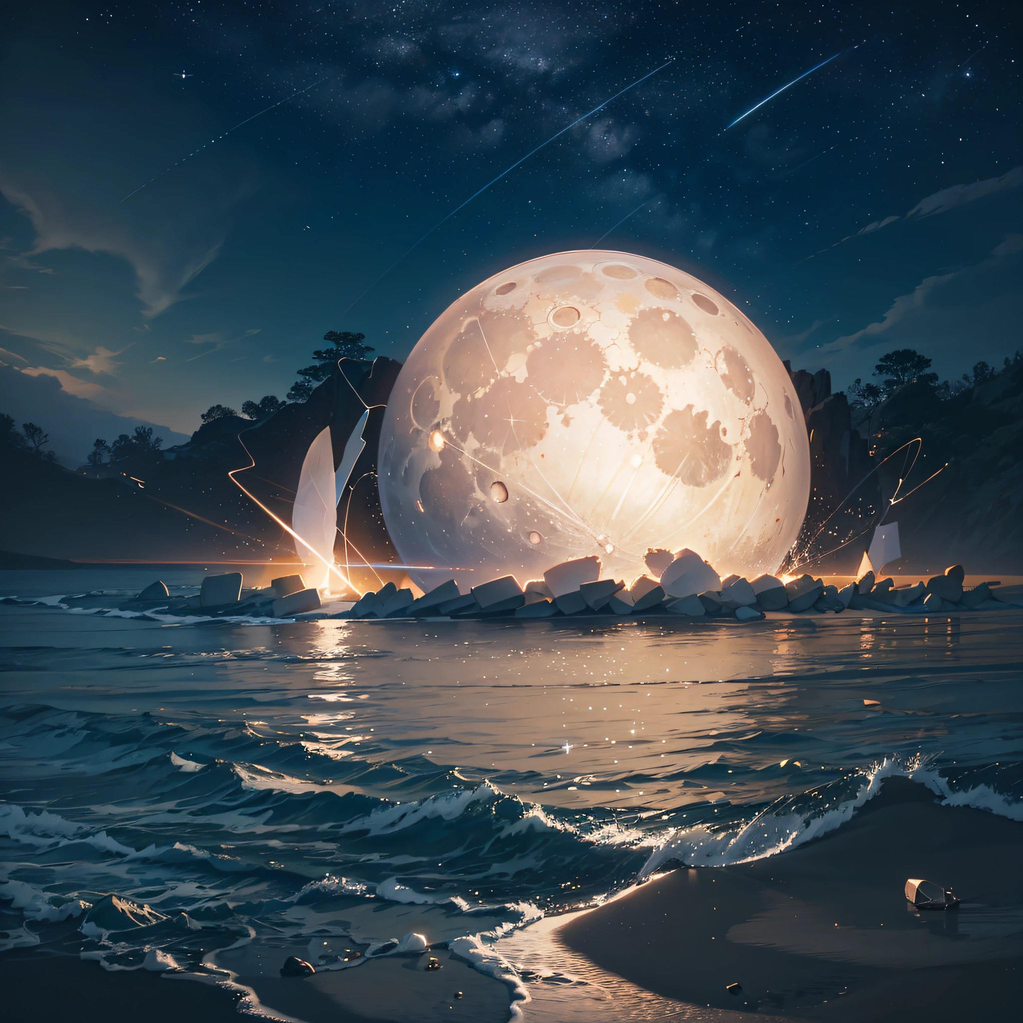 beach portrait moving but calm sea, romantic weather, features beautiful night of peace, lush sea, at moon set highlighted, rocks, nature enm evidences islanded mountains in the background stars with exorbitant brightness, alludes precious stones of various colors on the beach comets falling light show, cinematic,chromatic aberration 100mm lens, f/1.8,  Accent Lighting, Global Lighting --Uplight --V 4 - --auto --s2
