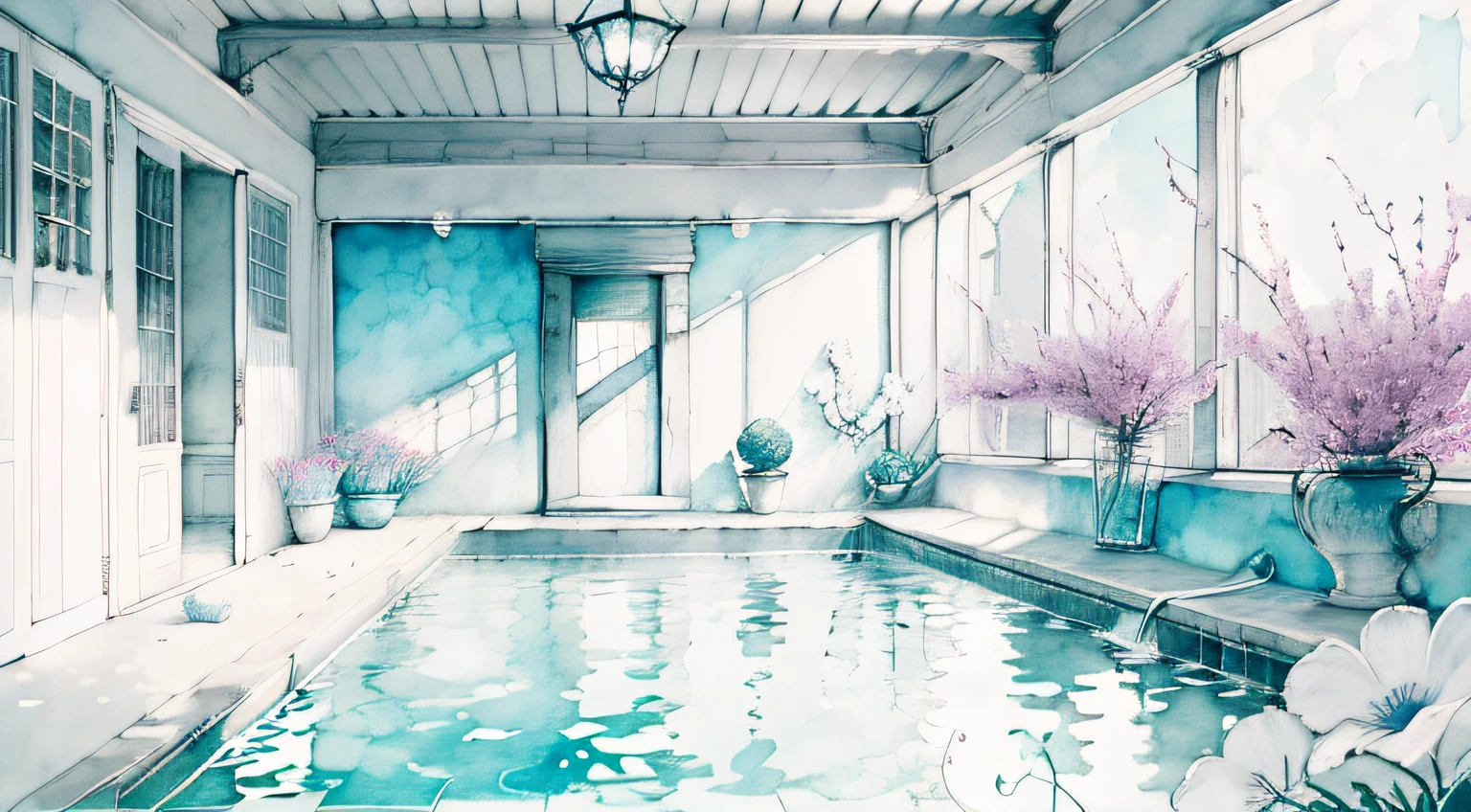 (monochrome watercolor:1.2，greyscale:0.9) A peaceful courtyard bathed in soft colors, featuring a serene pool surrounded by vibrant blooming flowers.