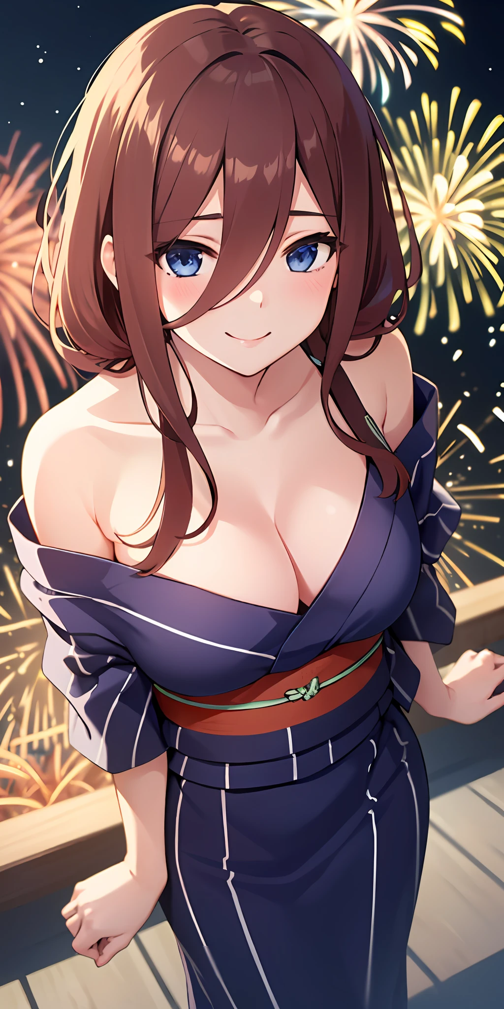 (Best quality:1.3), nakano miku, brown long hair, hair between eyes, off-shoulder yukata, cleavage, large breasts, smiling, fireworks background, (from above view)