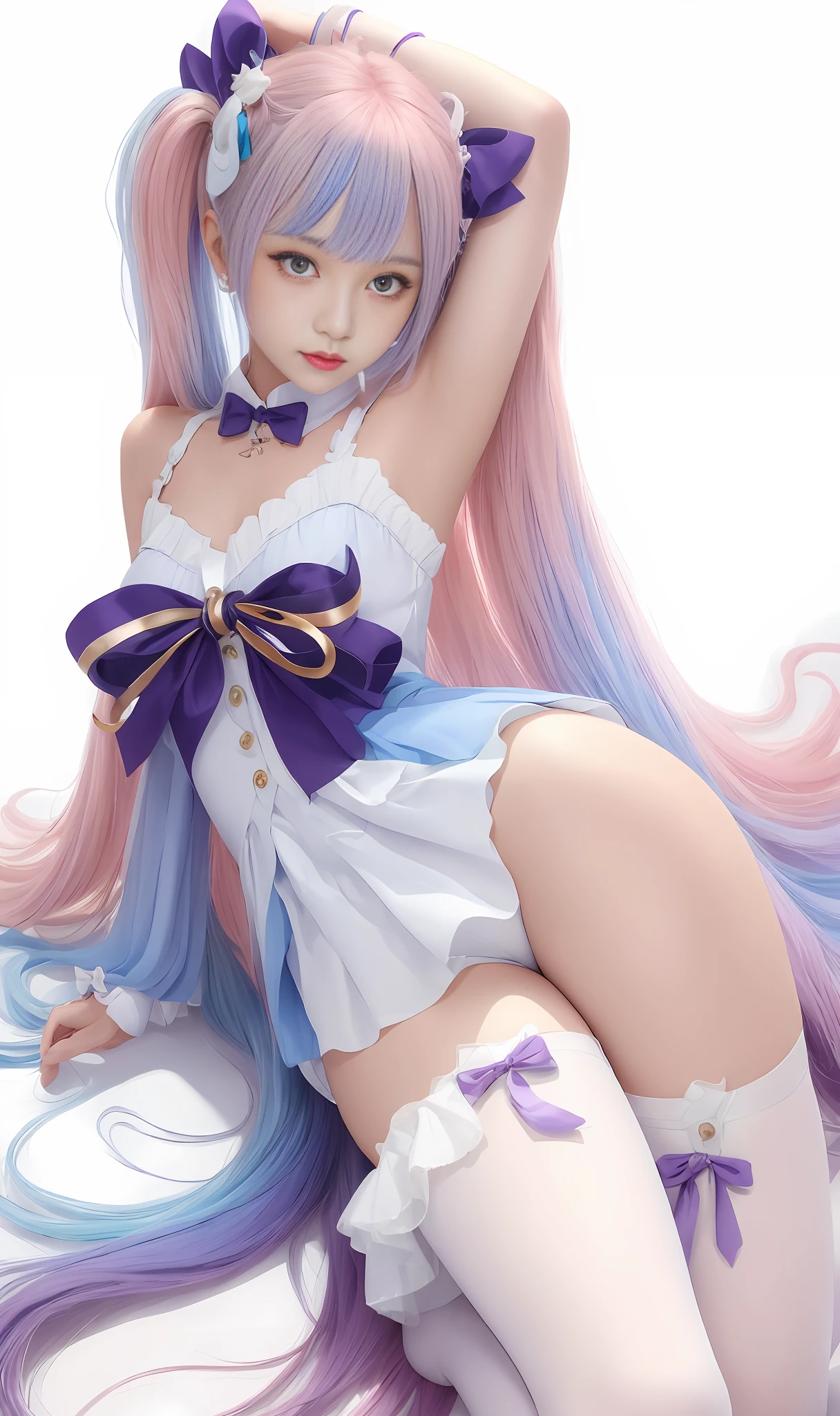Girl, white tights, blue bow, pink hair, hair gradient blue, purple hairpins,