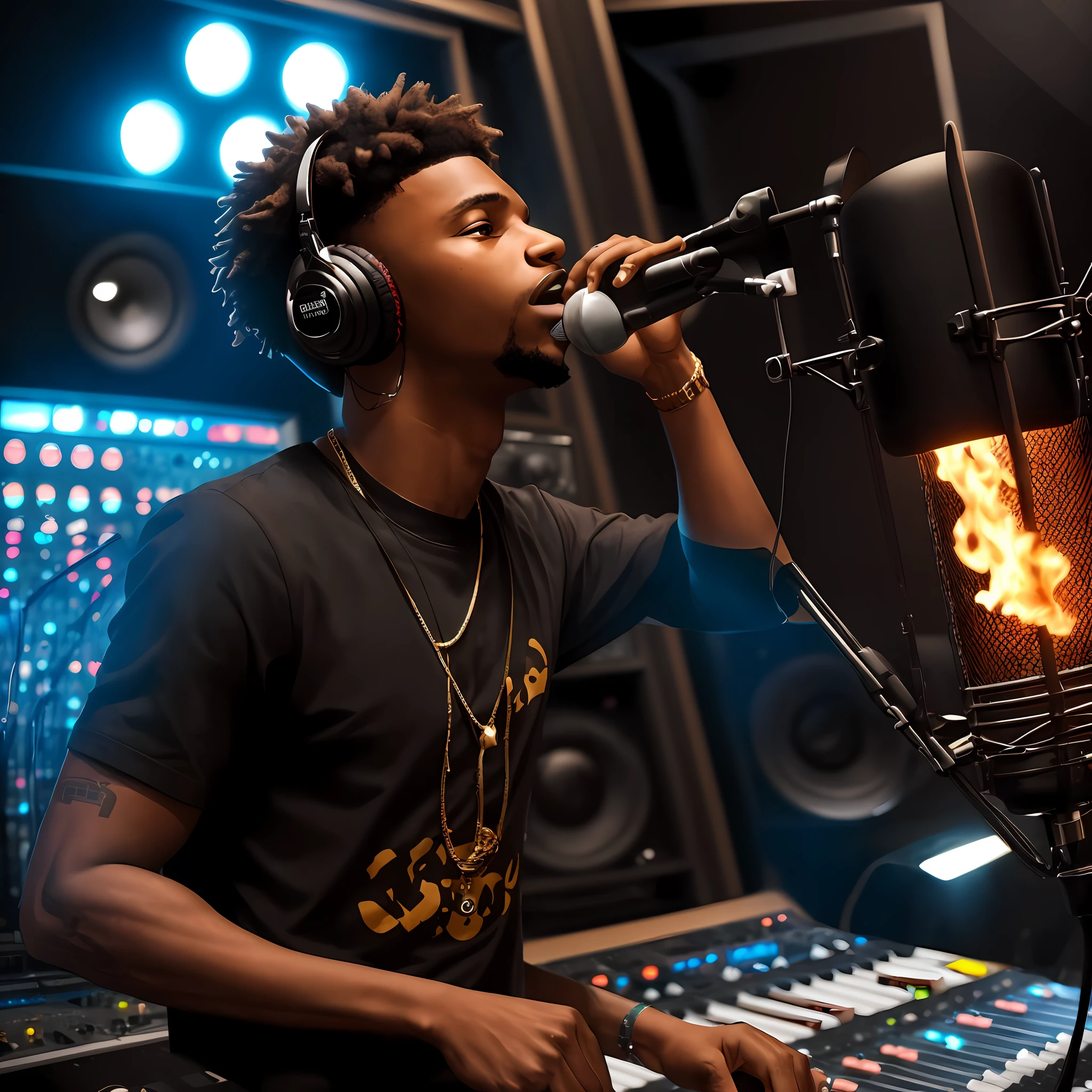 A young black rapper in the burning studio recording a song. --auto