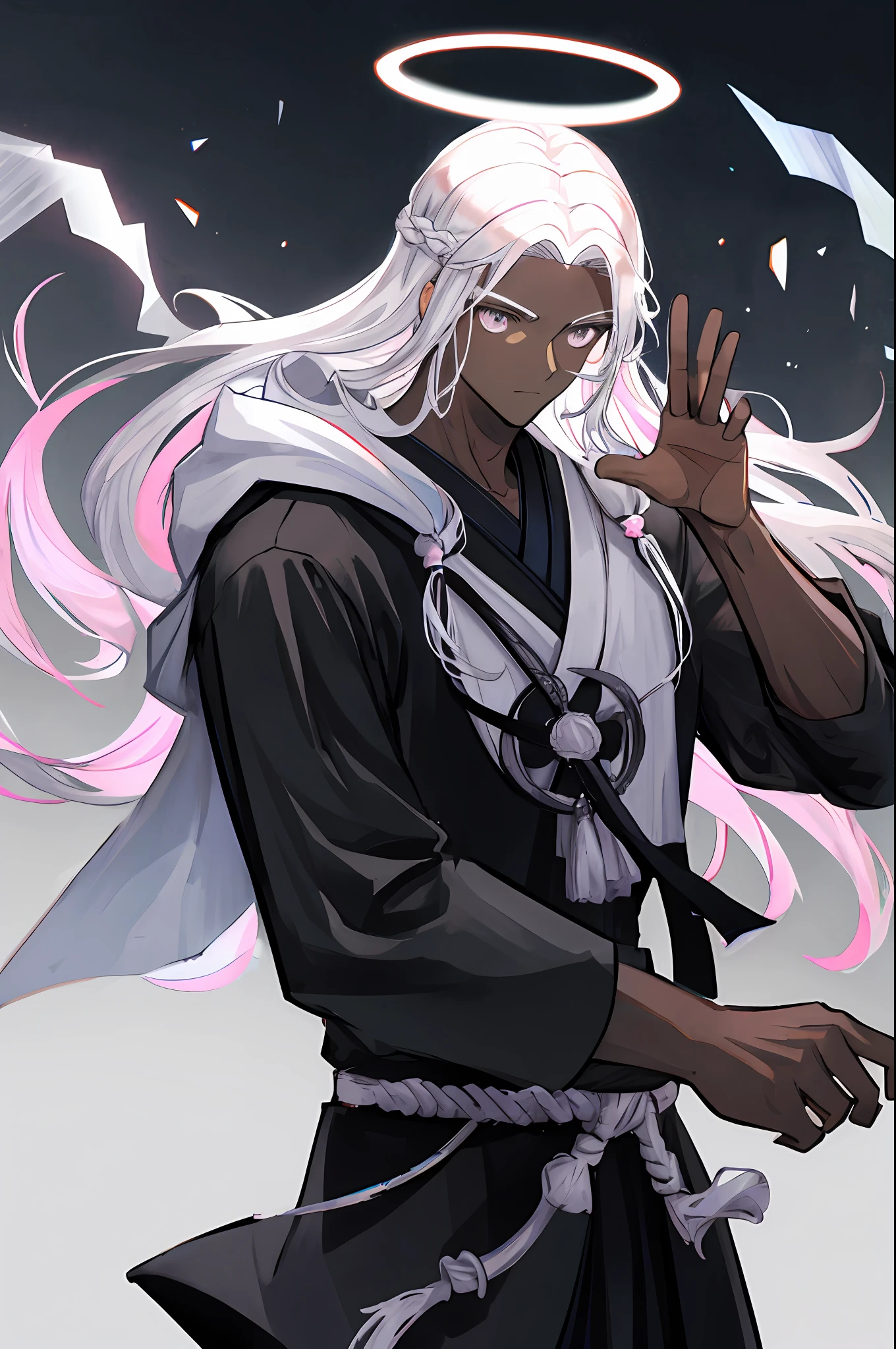 Man, monk fighter, dark skin, silver eyes, silver hair, black clothing, light pink halo, muscular