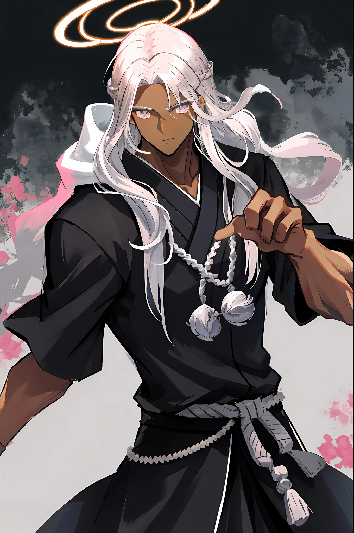 Man, monk fighter, dark skin, silver eyes, silver hair, black clothing, light pink halo, muscular