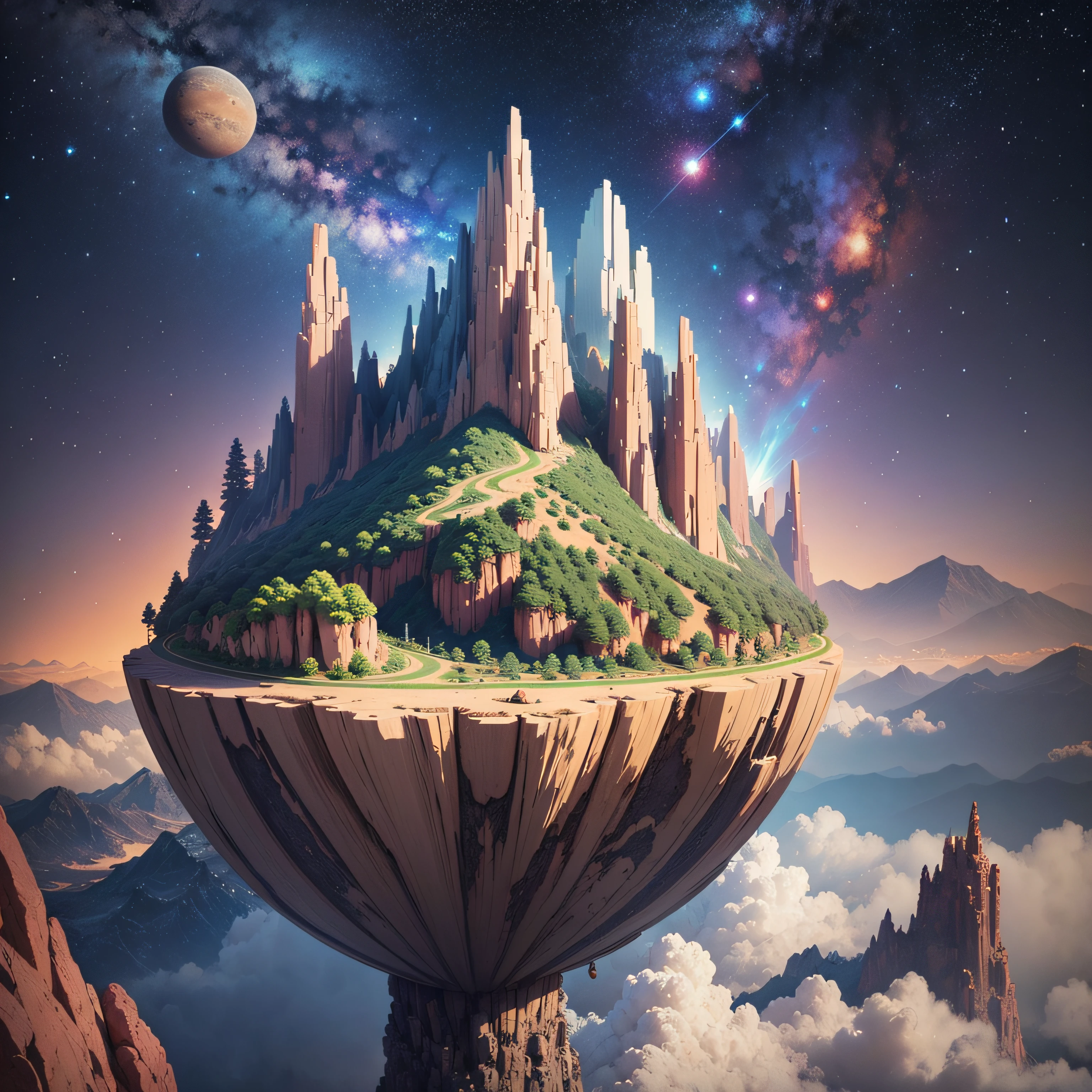 An island floating in the air, with a black background with distant stars and galaxies. On that island there is a couple of humans holding hands --auto