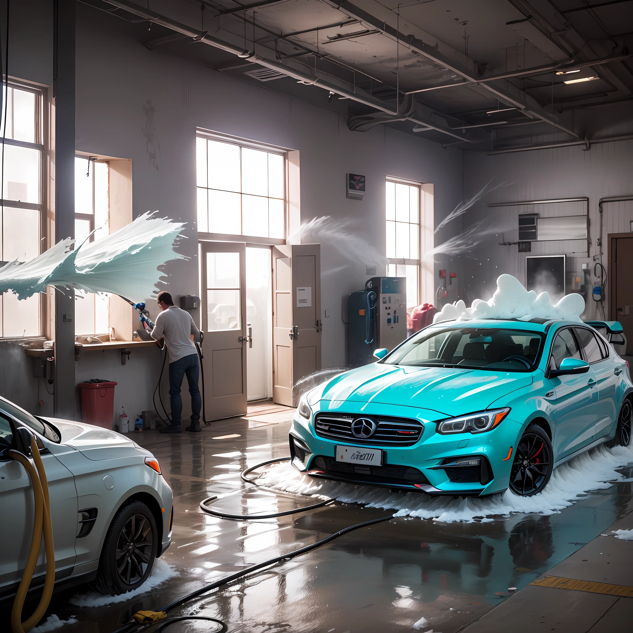 Create a vehicle, covered in foam and water, inside a car wash, with water jet, soap bubbles, vacuum cleaners in the background, 4k, full hd --auto --s2