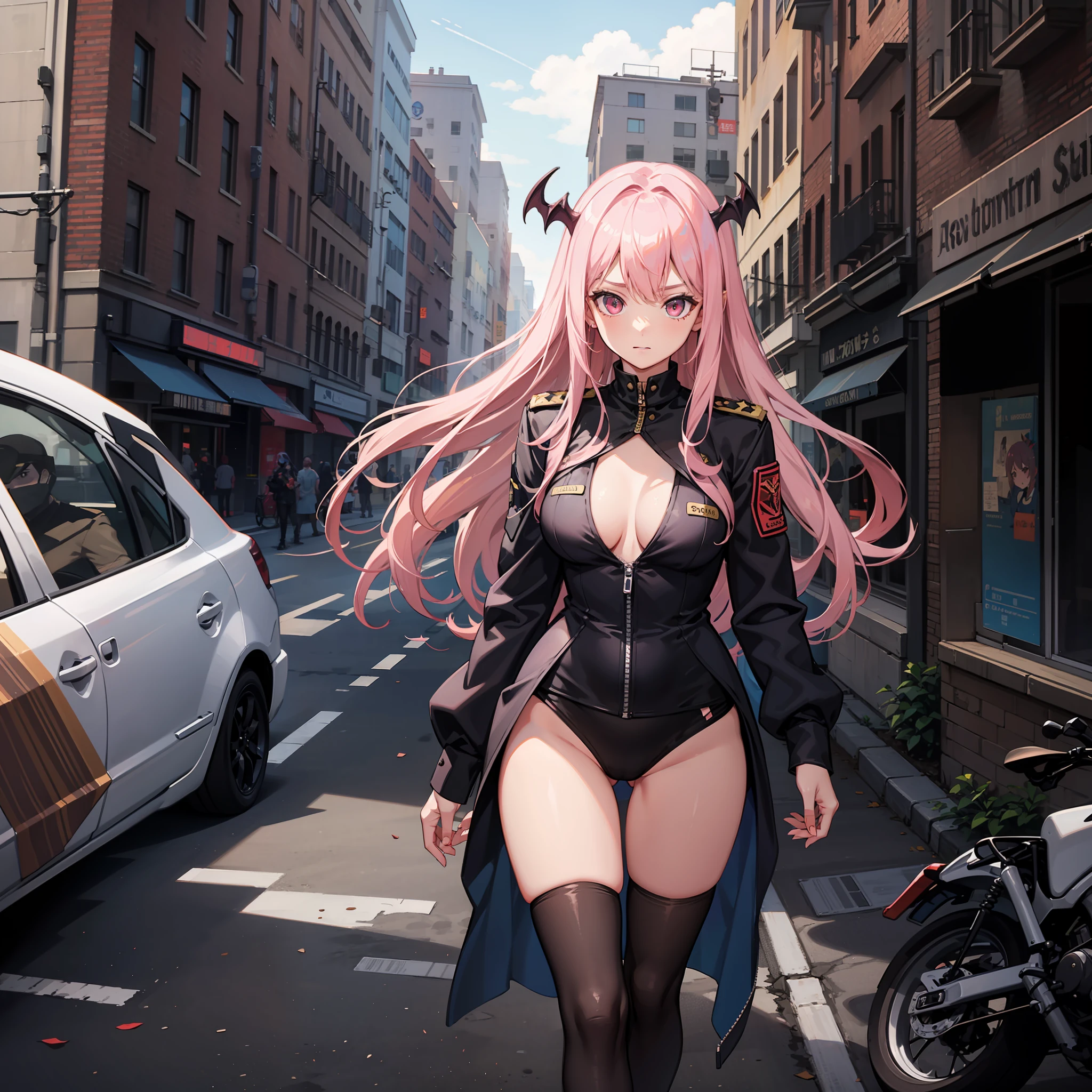 A woman, succubus, dressed in military uniform, in an empty and destroyed city, long pink hair, pink eyes, athletic body.