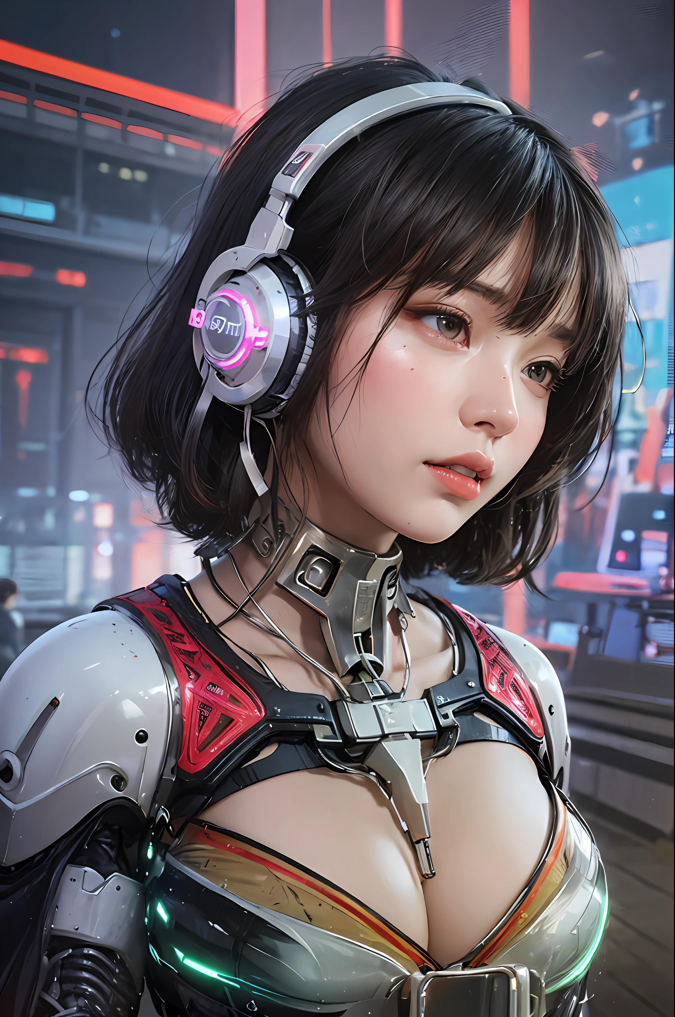 Top quality, masterpiece, ultra high resolution, (photorealistic: 1.4), raw photo, futuristic town perspective, futuristic skyscrapers, futuristic street corner, one girl, black hair, shiny skin, 1 Gundam girl, (((ultra-realistic details)), Sydmide style mecha design, portrait, global illumination, shadows, octane rendering, 8K, Ultra sharp, big, cleavage exposed raw skin, metal, intricate ornament details, headset, hydraulic cylinder, very intricate details, realistic light, CGSoation trend, purple eyes, glowing eyes, facing the camera, neon details, mechanical limbs, blood vessels connected to tubes, mechanical vertebrae attached to the back, mechanical cervical attachment to the neck, sitting, wires and cables connecting to the head, Gundam suit, cyberpunk, small LED lamps,
