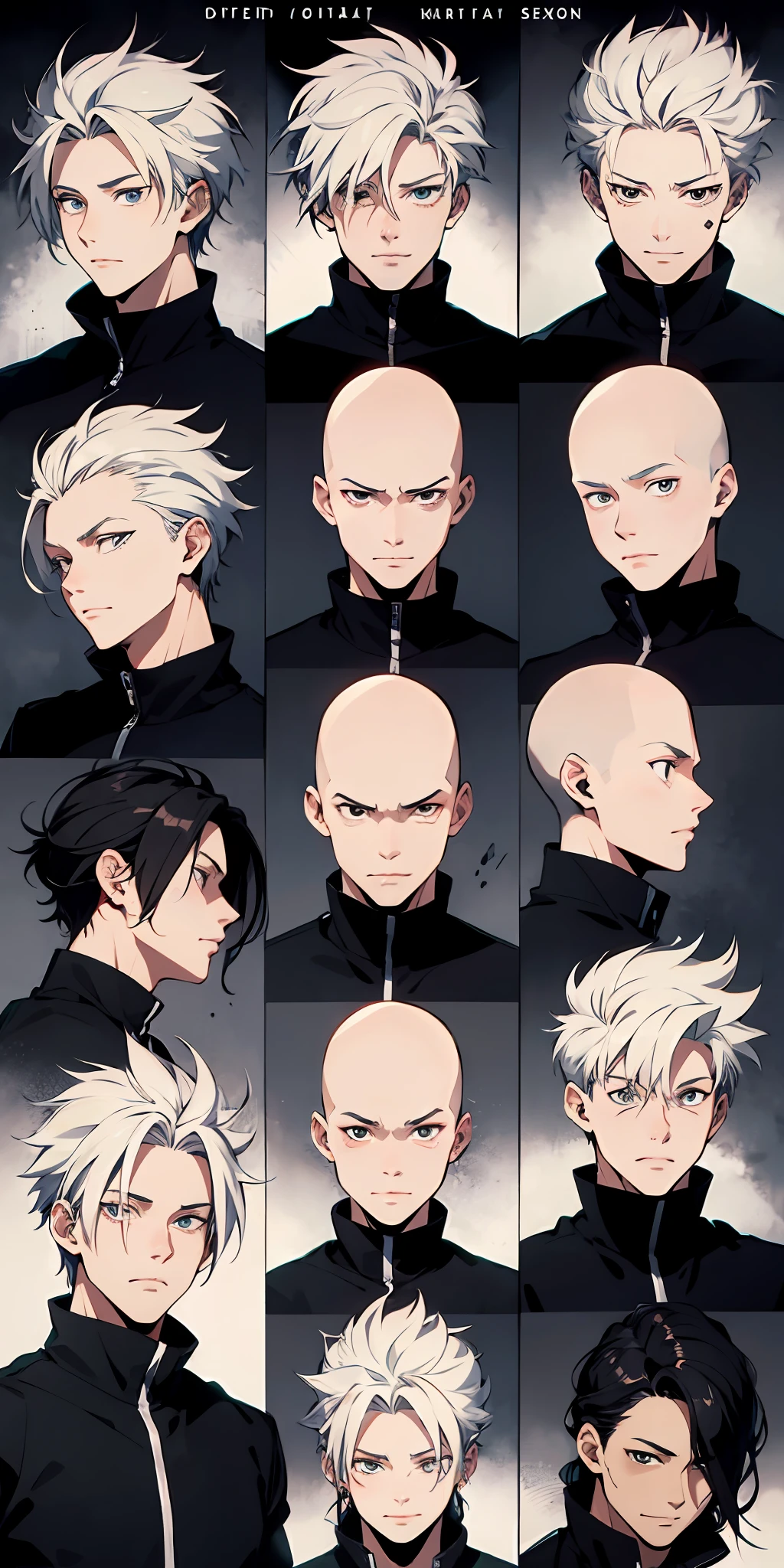 absurd resolution, high resolution, (masterpiece: 4.1), ultra-detailed, (character sheet) bald boy fusion of saitama, kakashi and ichigo, just face front, side and back.