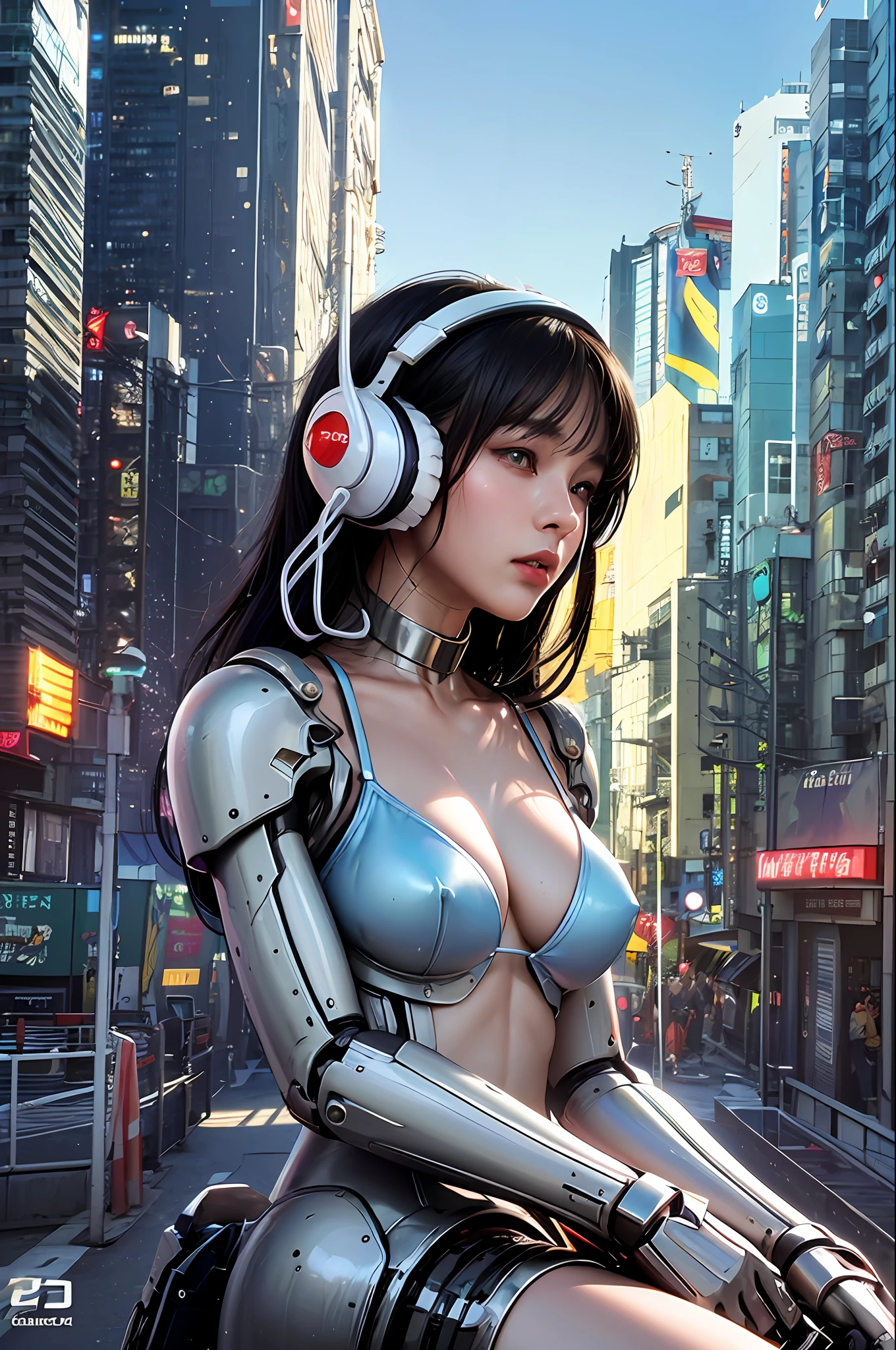 Top quality, masterpiece, ultra high resolution, (photorealistic: 1.4), raw photo, futuristic town perspective, futuristic skyscrapers, futuristic street corner, one girl, black hair, shiny skin, 1 Gundam girl, (((ultra-realistic details)), Sydmide style mecha design, portrait, global illumination, shadows, octane rendering, 8K, Ultra sharp, big, cleavage exposed raw skin, metal, intricate ornament details, headset, hydraulic cylinder, very intricate details, realistic light, CGSoation trend, purple eyes, glowing eyes, facing the camera, neon details, mechanical limbs, blood vessels connected to tubes, mechanical vertebrae attached to the back, mechanical cervical attachment to the neck, sitting, wires and cables connecting to the head, Gundam suit, cyberpunk, small LED lamps,