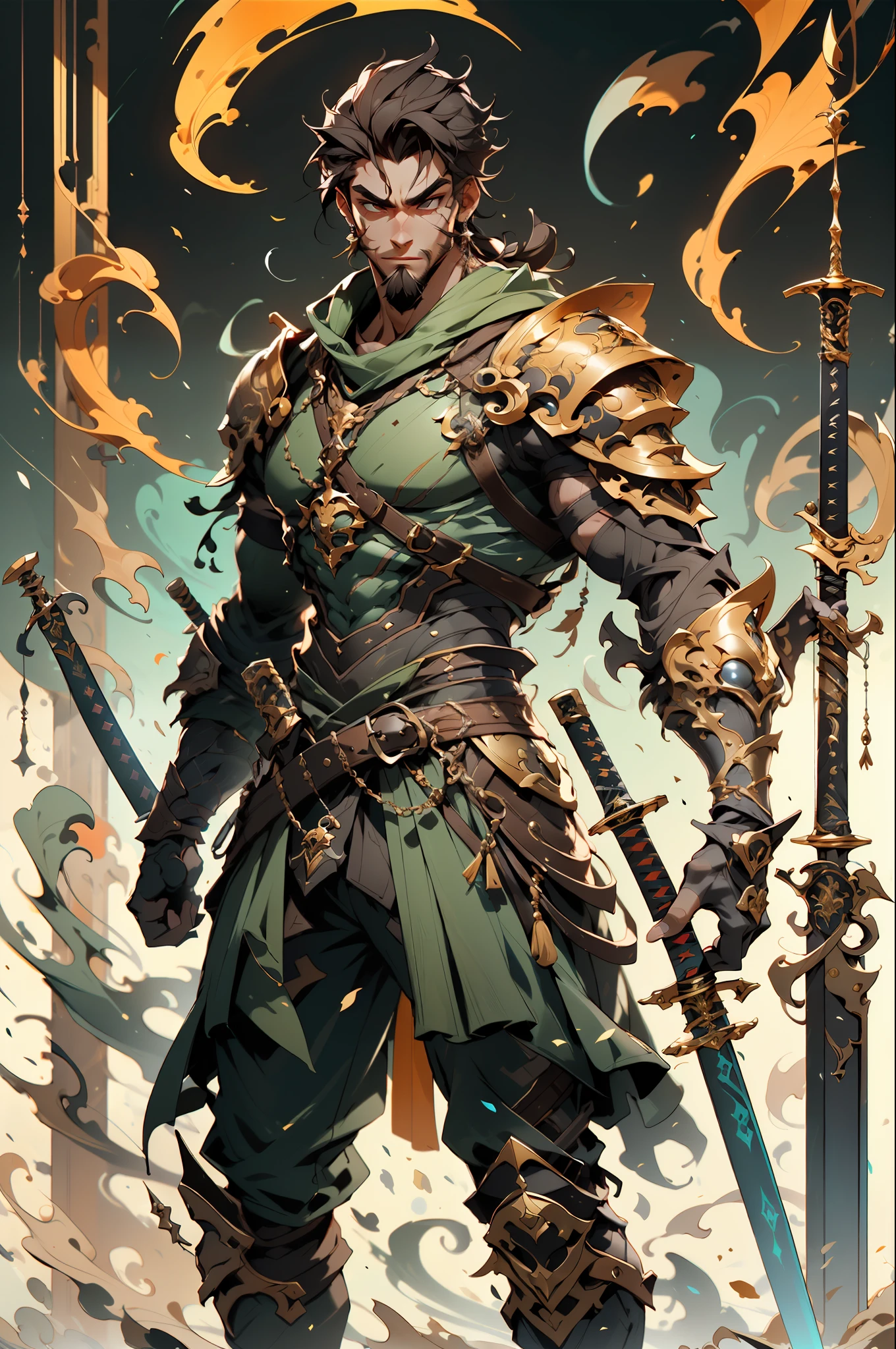 1boy, weapon, male focus, , , holding sword, , , , armor, , sheath, pectorals, , , scabbard, shoulder armor, full body, , facial hair, jewelry, , , , muscular,
,,