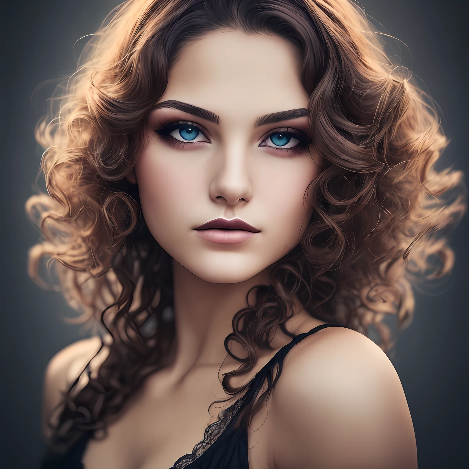 beautiful lady, curly hair, dark makeup, hyperdetailed photography, soft light, head and shoulders portrait, cover --auto