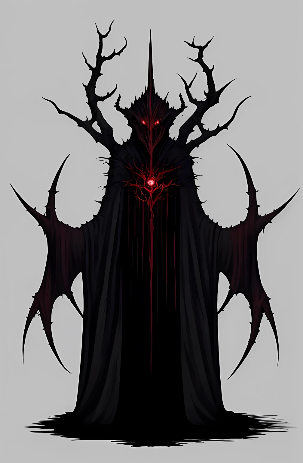 There is a drawing of a creature with red eyes, a humanoid thistle monster, nightmare creature, scary creature, demonic creature, scary art, scary creature, penumbral shadow creature, detailed hidden sinister creature, a demon-like creature, a demon-like creature, thorn bottom. D&D, the Dark Lord Sauron, thorn monster, plant monster, terror, ghostly environment, black forest, dark background