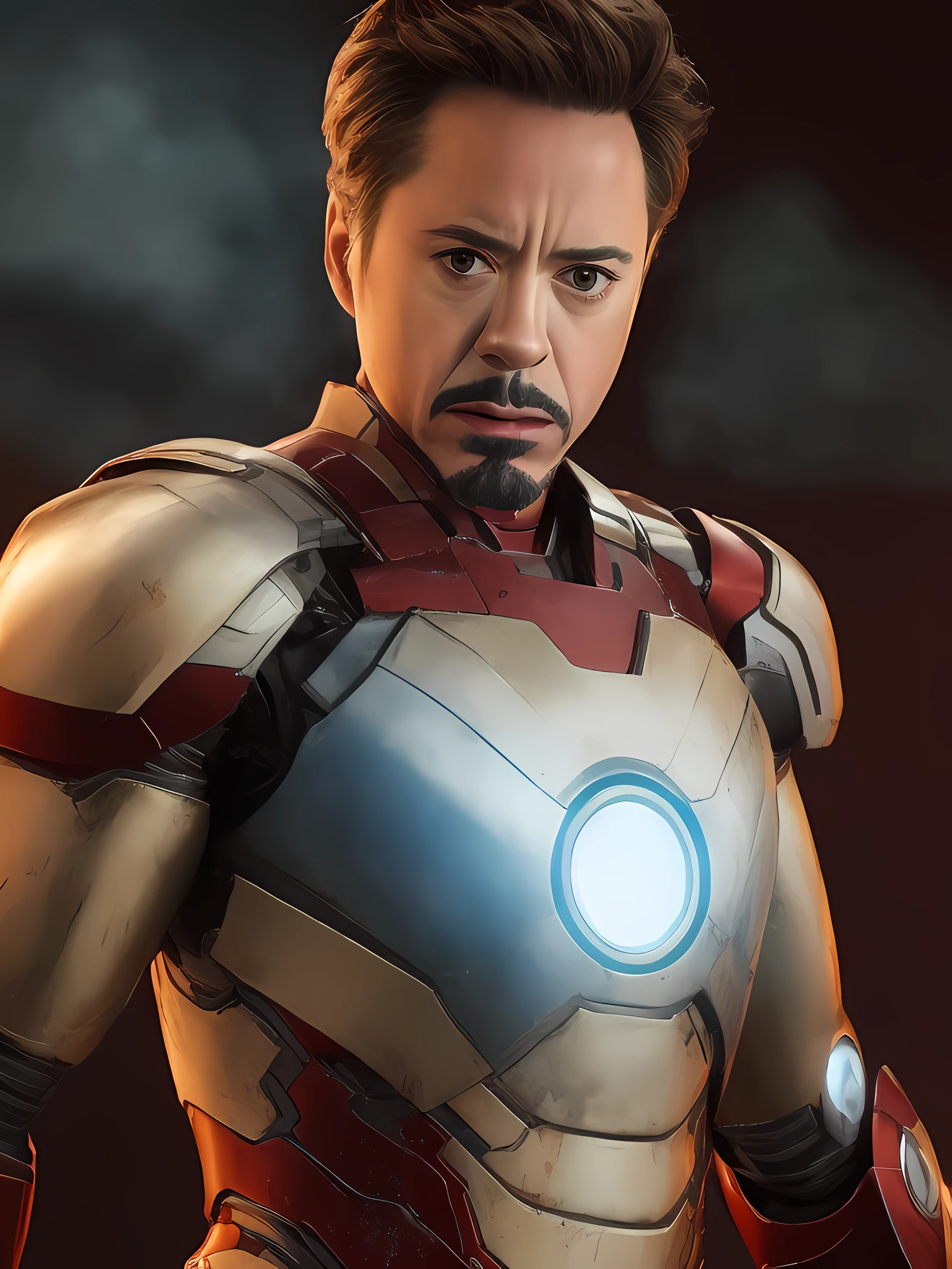 Robert Downey Jr, 8k, best quality, real image, intricate detail, ultra detail, ultra-high resolution, depth field, (realistic, realistic: 1.2), masterpiece, photo 1 man, iron man, wounded, superhero, (dirty, bruised, blood: 1.3), marvel iron man, serious, angry, solo, photo-realistic:1.37, ruined city background, (complex details: 1.2), (fine details), (movie light), clear lines, sharp focus,