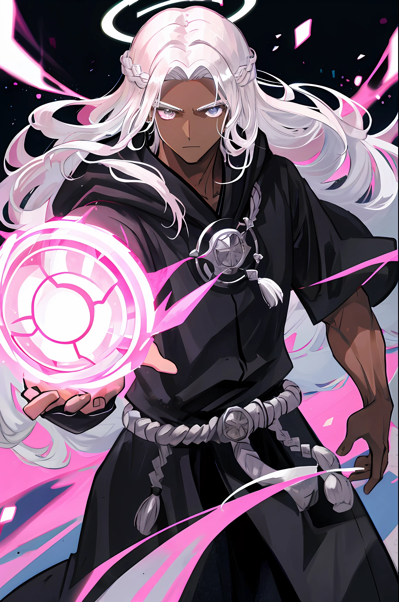 Man, monk fighter, muscular, dark skin, silver eyes, silver hair, black clothing, light pink halo, light pink aura