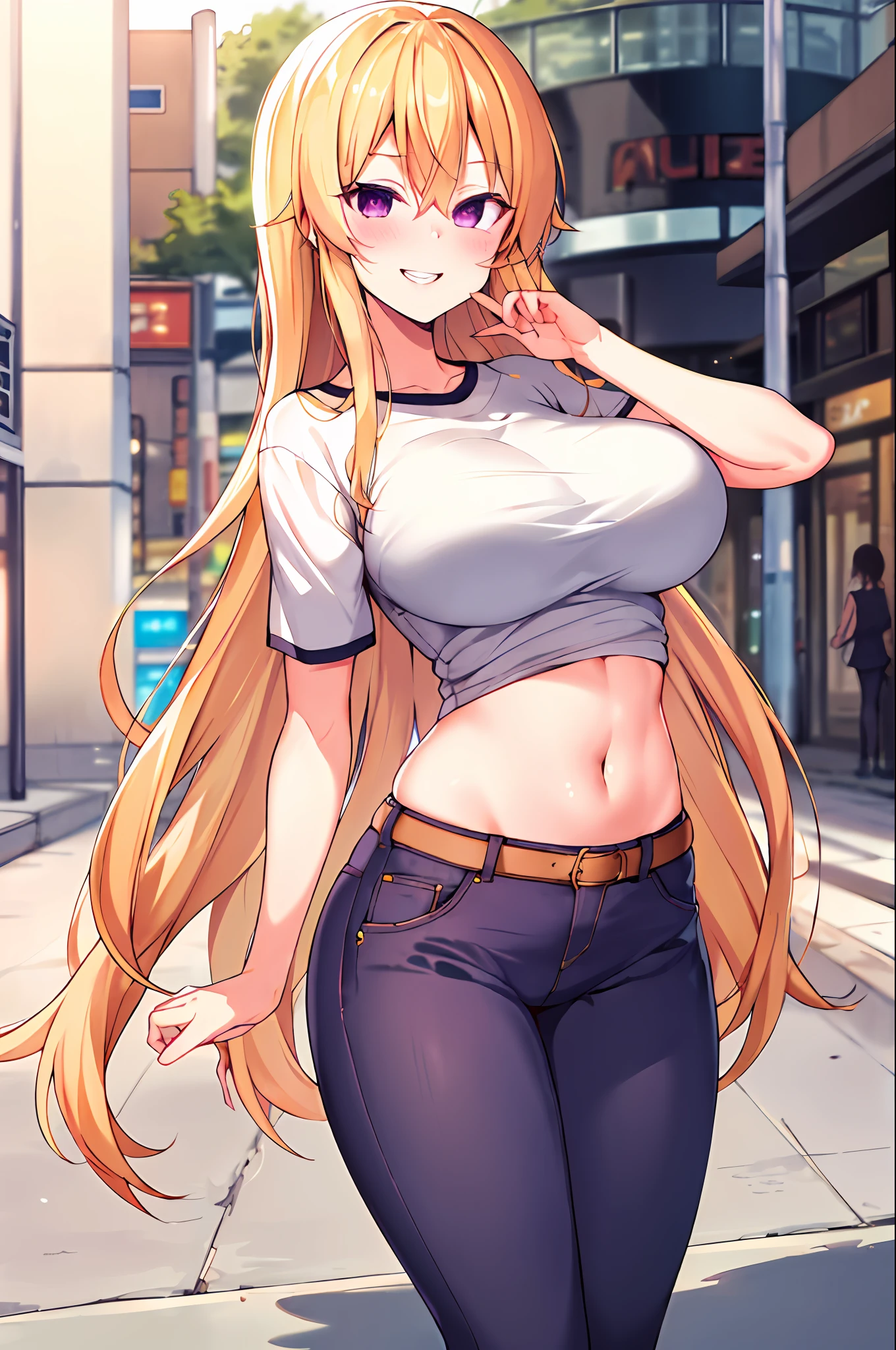 masterpiece, best quality, highres, nakiri erina, blonde hair, purple eyes, long hair, large breasts, oversized cool t shirt, stocking, cleveage, belt, short jeans pants, owboy shot, standing, looking at viewer, city road, outdoor, modern city road, blush, shy, smile, show teeth, sexy pose,