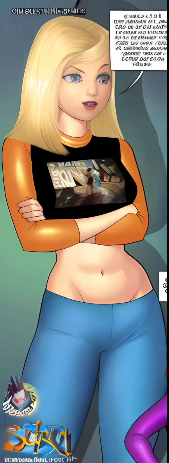 A cartoon image of a woman with a shirt and a comic book, digital comics, digital comic art, her belly button is exposed, (SFW) safe for work, comic book realism, cell-shaded adult animation, chell, comic art, exposed belly, exposed midriff, perfectly shaded body, flattened chest