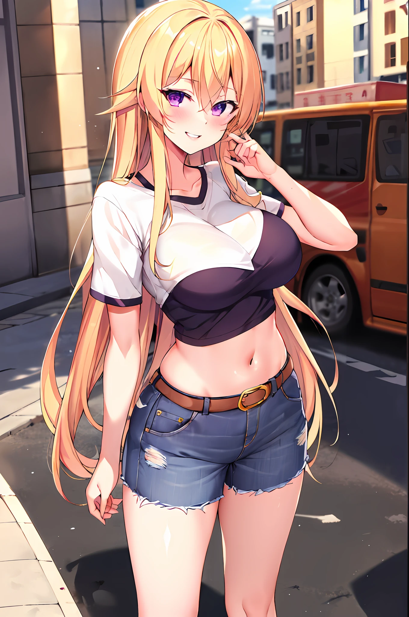 masterpiece, best quality, highres, nakiri erina, blonde hair, purple eyes, long hair, large breasts, oversized cool t shirt, stocking, cleveage, belt, short jeans pants, owboy shot, standing, looking at viewer, city road, outdoor, modern city road, blush, shy, smile, show teeth, sexy pose,