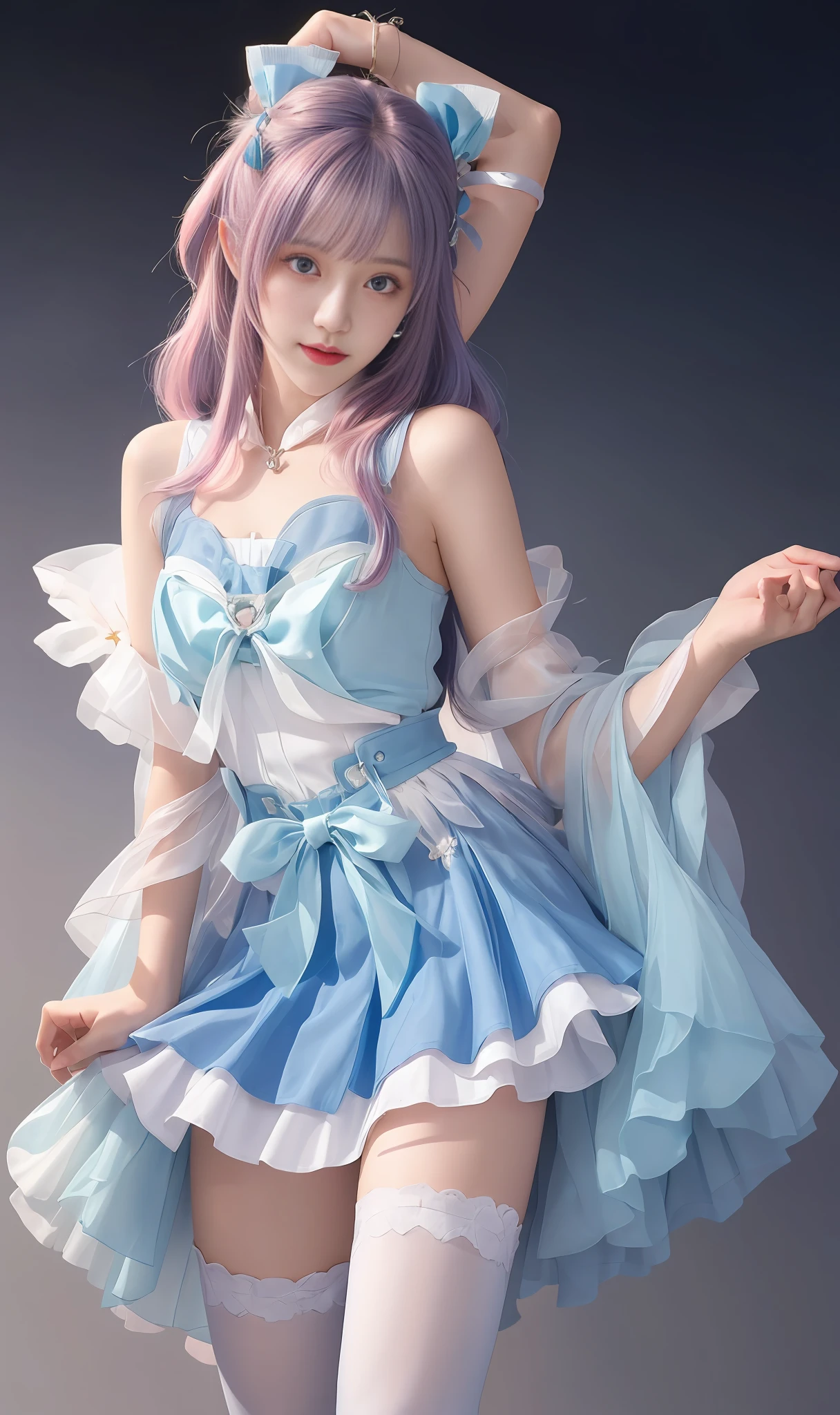 Girl, white tights, blue bow, pink hair, hair gradient blue, purple hairpins,