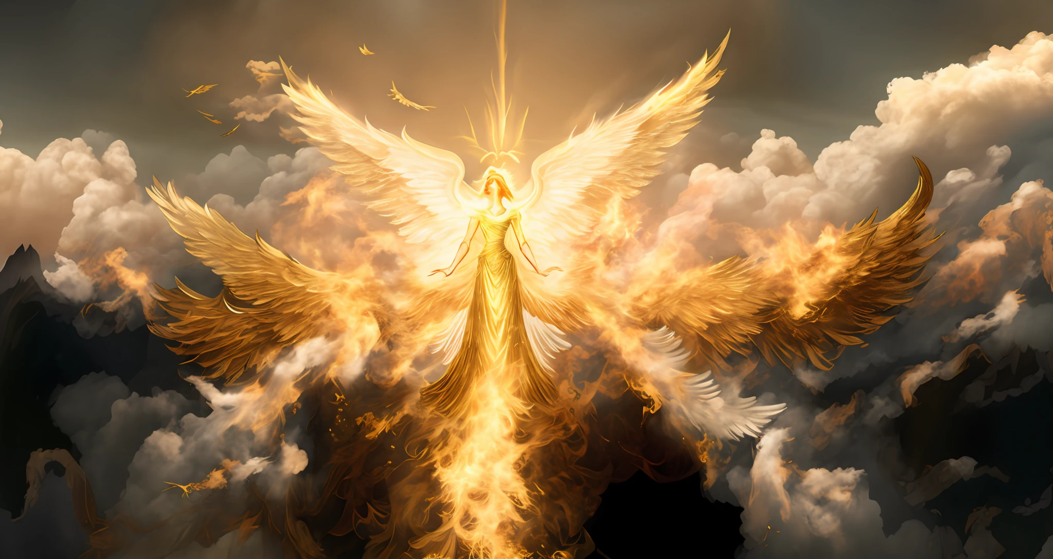 wings of a golden angel in the clouds, with fiery golden wings, epic angel wings, infinite angelic wings, wings made of light, with burning golden wings of flame, brilliant angelic being, infinite angel wings, golden wings, beautiful angelic wings, massive angel wings, cosmic horror entity with wings, angelic wings, ethereal angelic being of light, Golden Wings expand. Cherub. Four wings. Fire. Ember