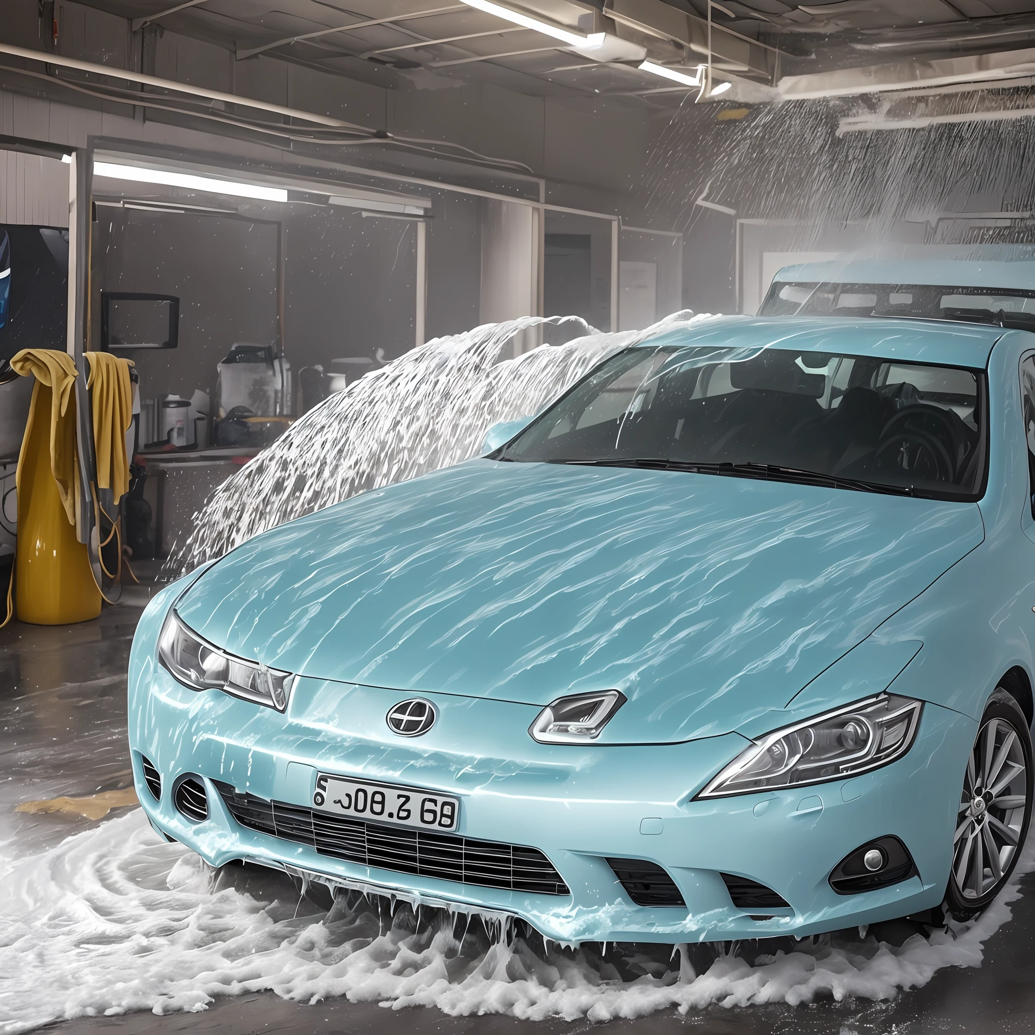 Car covered in water and foam and soap, inside a car wash, with water jets on the car, 4K, HD --auto --s2