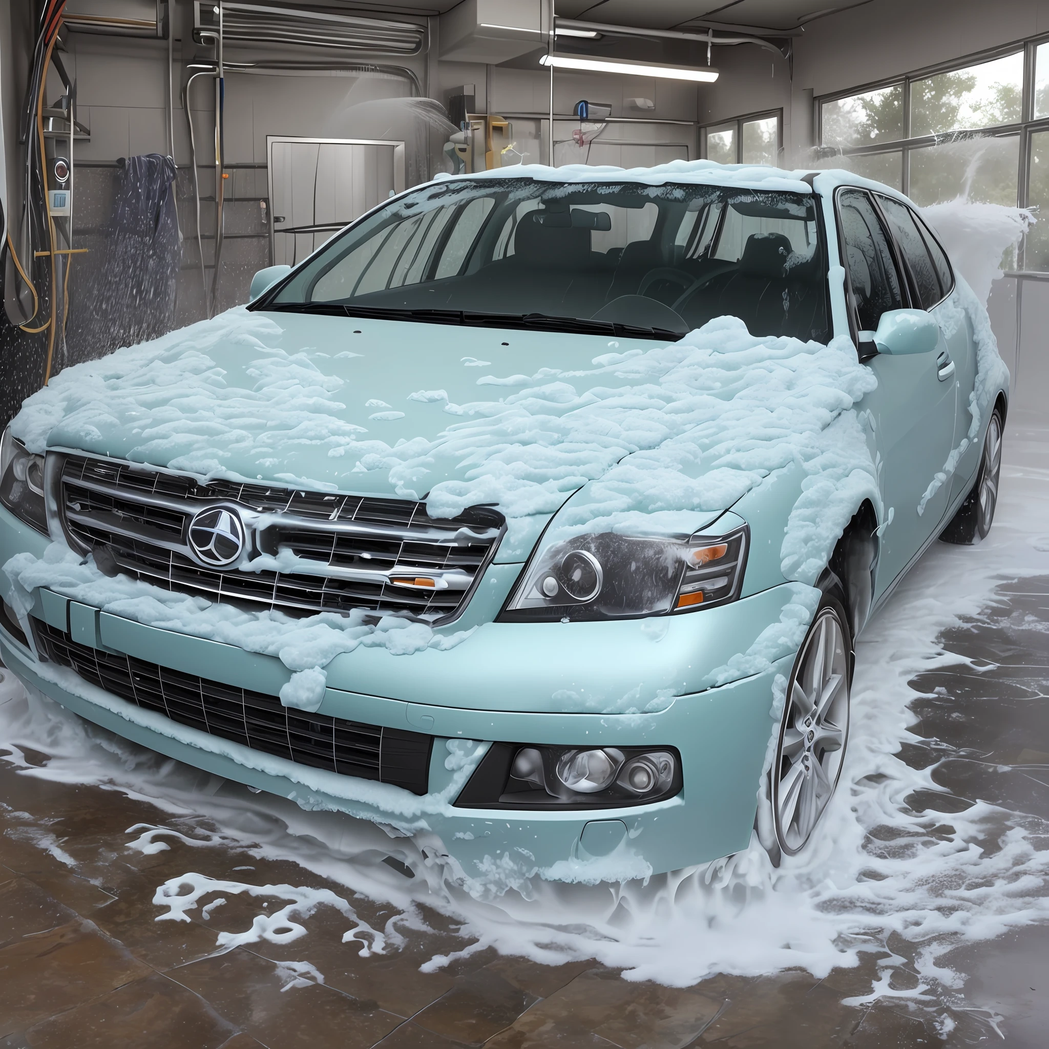 Car covered in water and foam and soap, inside a car wash, with water jets on the car, 4K, HD --auto --s2