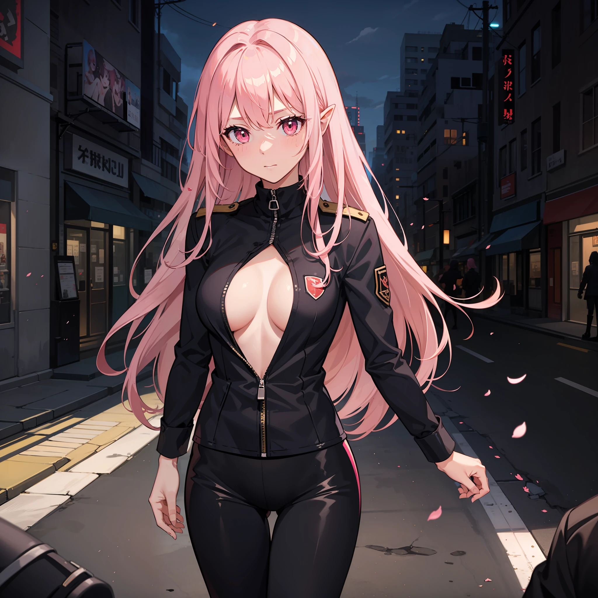 A woman, succubus, dressed in military uniform, in an empty and destroyed city, long pink hair, pink eyes, athletic body.