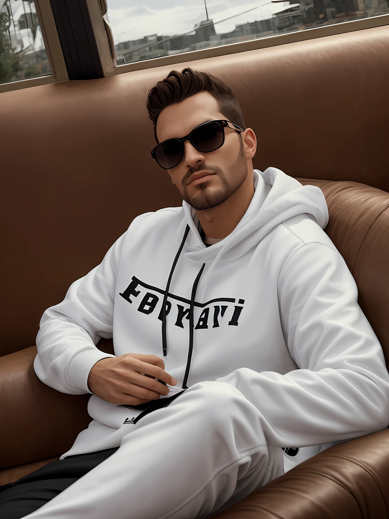 Man in red sweatshirt and black pants sitting on a brown leather sofa, Raphael Personnaz, Taras Susak, Daniel Mirante, wearing sunglasses Versace, Federico Pelat, Vitaly Bulgarov, Roberto Benardi, Alexandre Ferra, Gui Guimarães, inspired by Ivan Lacković Croatian, Christian Dimitrov, Esteban Maroto futirista, cyberpunk