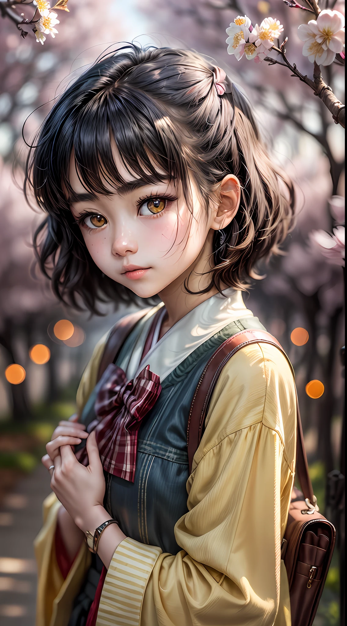 (masterpiece, best quality, official art:1.2), (14-year-old Japanese teenage girl:1.1), short and sleek black hair, bold eyebrows framing her face, mesmerizing golden-yellow eyes, wearing a traditional school uniform adorned with a vibrant red bow, carrying a single bag, strolling along a picturesque trail surrounded by blooming cherry blossom trees, she gracefully turns her head to glance at the camera, the soft glow of the sunset casts a perfect illumination on her face and eyes, capturing a moment of peaceful solitude amidst the beauty of nature.