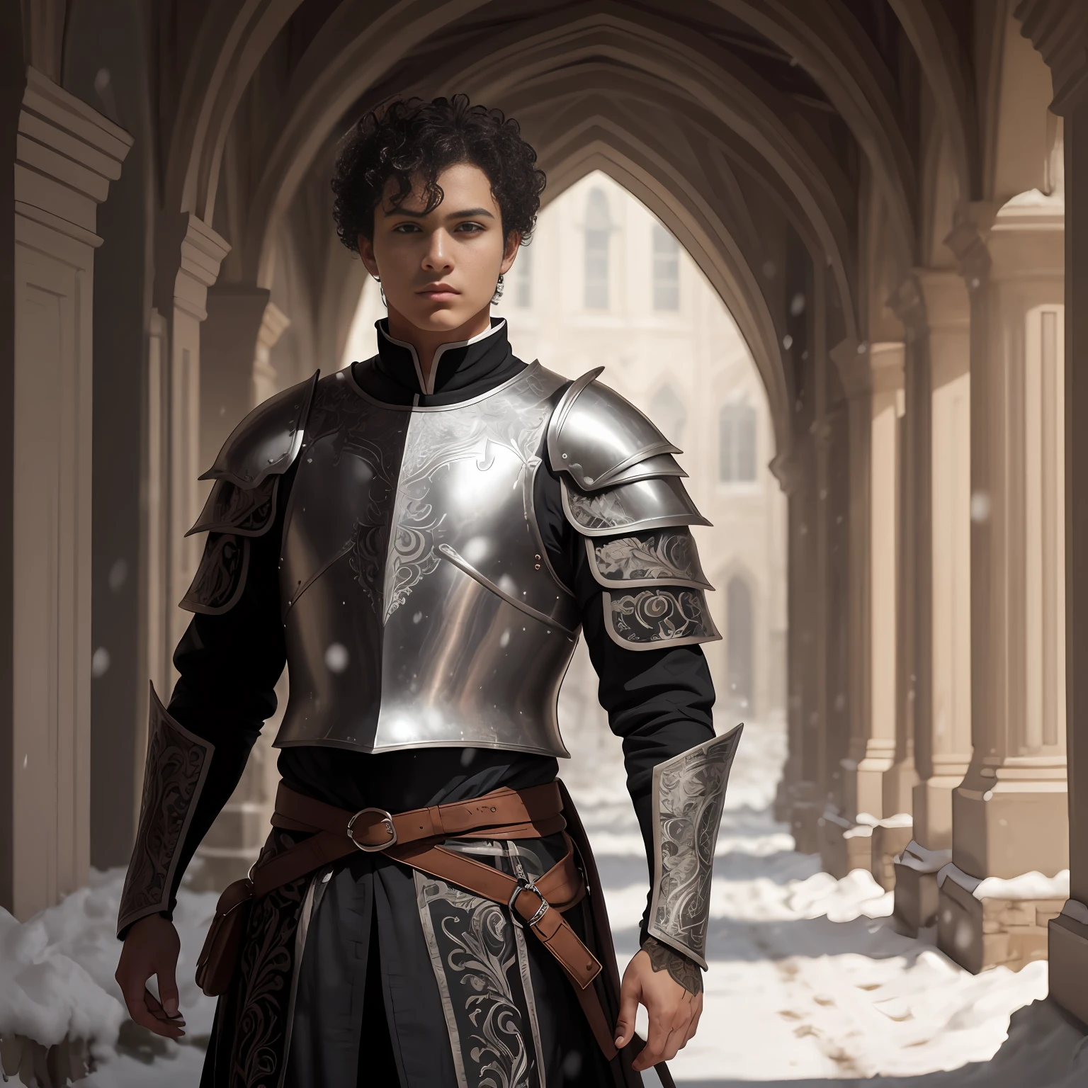 a -yeld wh soldier, short curly black hair, medieval leather armor, black color, black, intricately ornate, daylight, resplendent, late afternoon, epic light, fantasy, looking at the camera, model pose curly hair, defined curls, curly short hair, snowy landscape, snow, cold, cold weather, winter winds, black cape, black animal skin on the back,