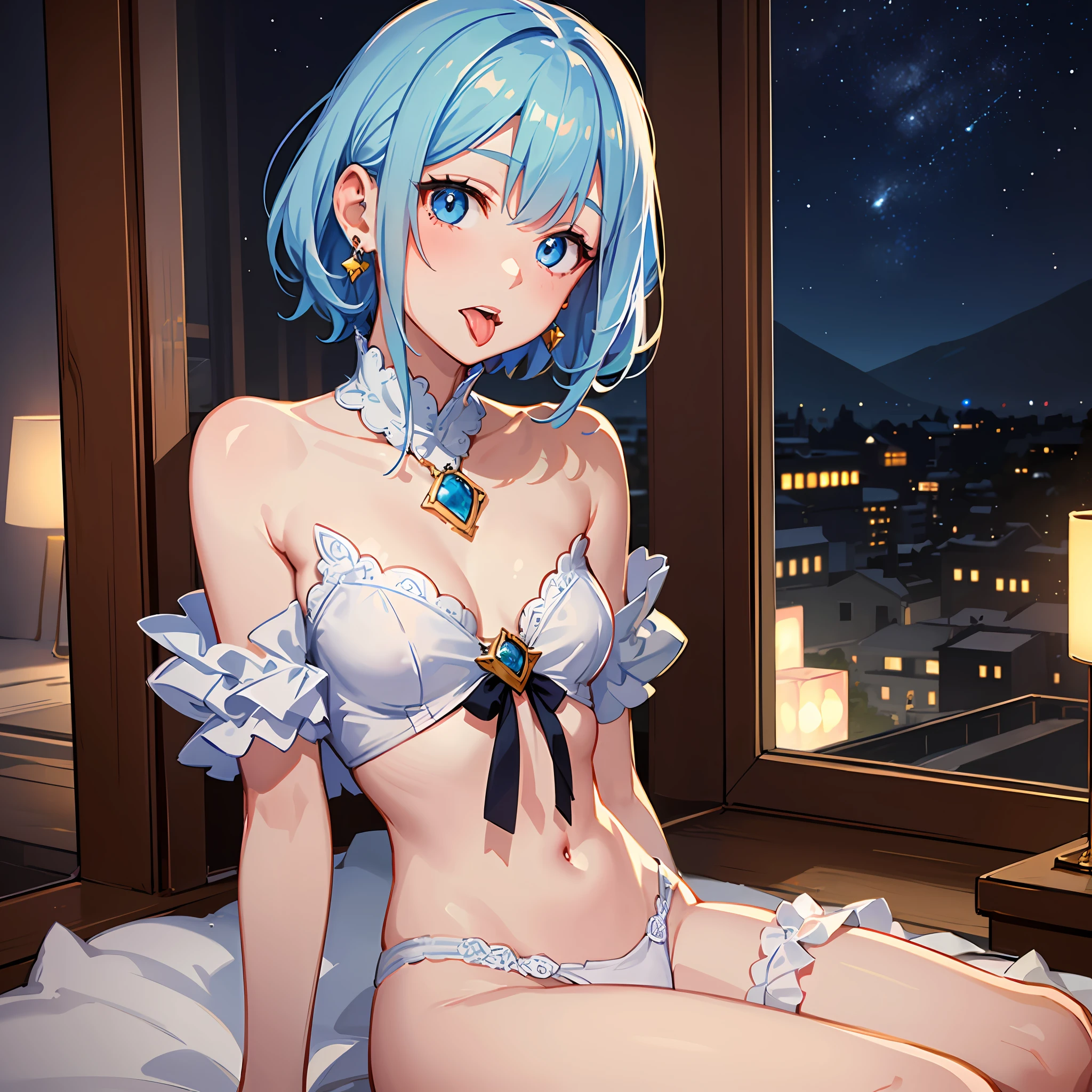 (((Masterpiece)))), ((Best Quality)))), Hi-Res, Upper Body, Slouch, (Cute One Girl))), Solo, White Skin, Small, Eight-headed Body, (Light Blue Hair), ((Short Hair)), (Straight Bangs)), Beautiful Hair, Blue Eyes, Beautiful Eyes in Detail, (((Tongue)), Red Face, Heart, Orihime Costume, Earrings, Indoors, Milky Way, (Night), Shadow Lighting,