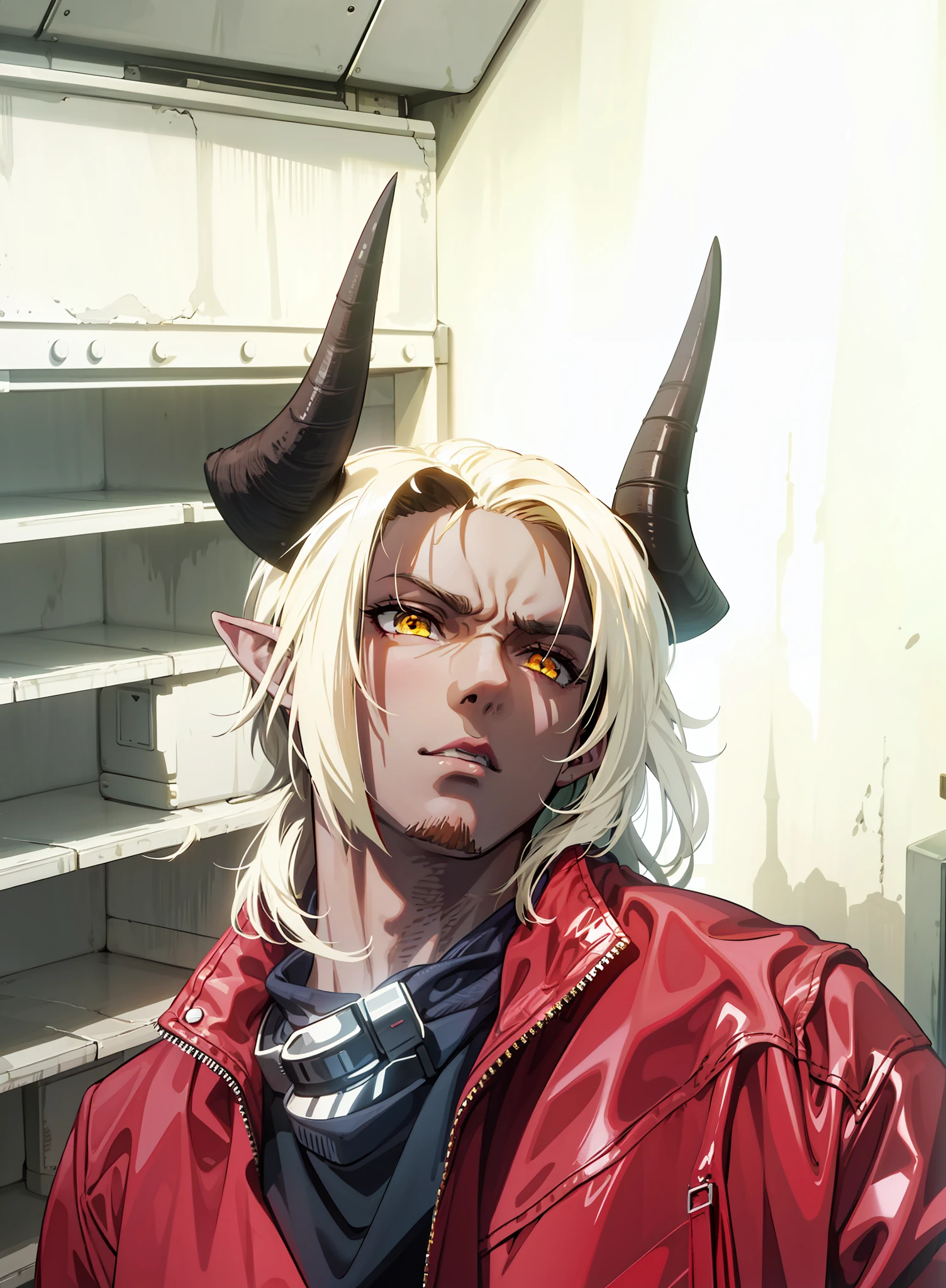 Boy, brown skin, red jacket, pointy ears, horns,4k, yellow eyes, scarf on neck