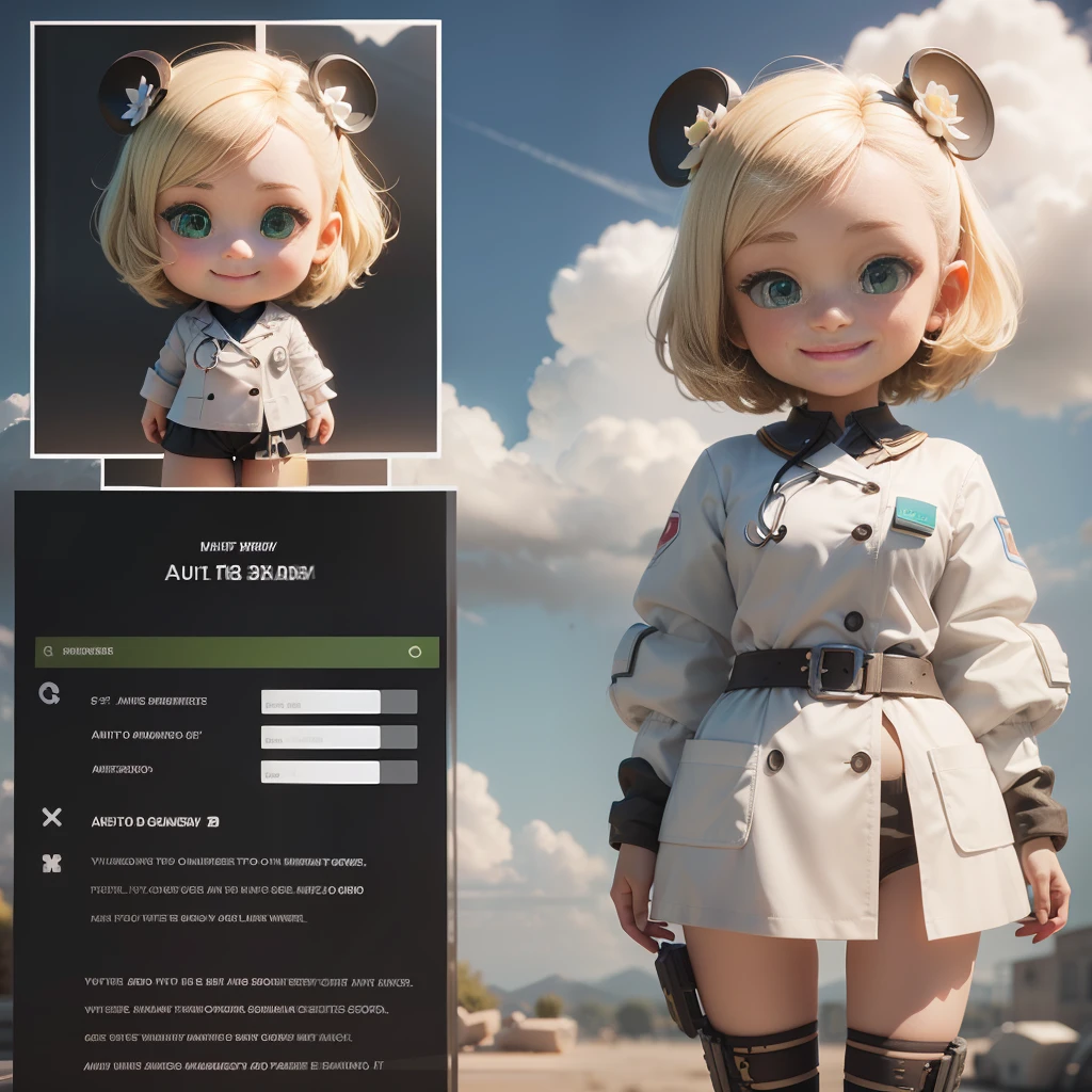 A 3D image of a petite WOMAN, full body, standing, pretty smiling face, CLEAR eyes, short blonde hair, wearing white medical uniform with small green details in chibi and Disney style, with white clouds in the background, detailed, ultra high definition, 8K, Quixel style Megascans, 3D Scan Store and Epic Games --auto --s2